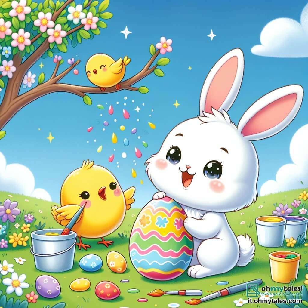 Un coniglietto di nome Binky, con pelliccia bianca e grandi orecchie, sta dipingendo uova di Pasqua colorate, mostrando un grande sorriso di gioia sul suo viso. Nelle vicinanze, un uccellino giallo, con un becco arancione e occhi scintillanti, guarda meravigliato, cantando allegramente, mentre si posa su un ramo di un albero in fiore. Il luogo è un campo verde, punteggiato di fiori multicolori, con un cielo blu chiaro e alcune nuvole bianche e soffici che flottano dolcemente. La scena principale mostra Binky che, tutto emozionato, rivela un uovo dipinto di giallo vivo, mentre un uovo di carta pesta nascosto sotto un cespuglio scoppia, liberando coriandoli colorati che cadono come stelle attorno a loro.