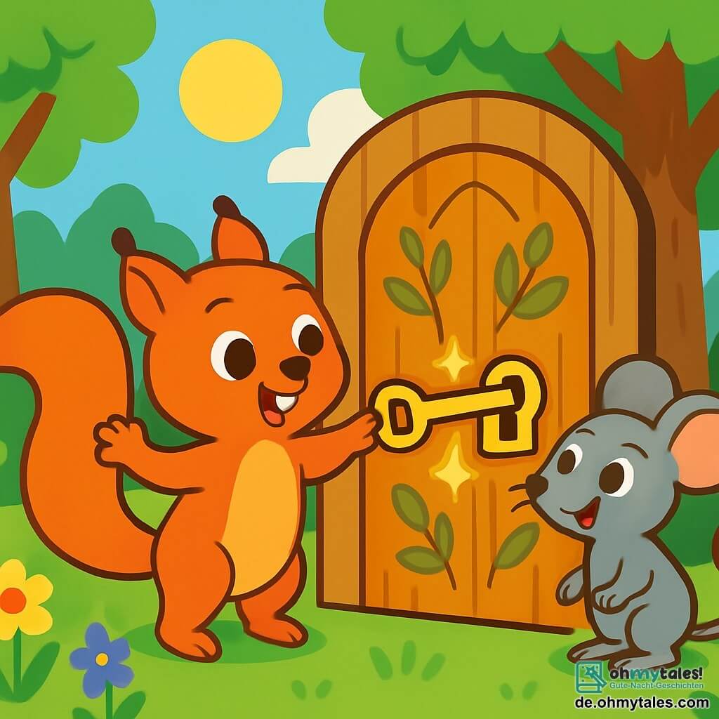 Lotta, das kleine Eichhörnchen mit funkelnden Augen und rotem Fell, steht vor einer großen Holztür, die mit Blattmustern verziert ist. Sie hat einen aufgeregten Gesichtsausdruck, ihre kleinen Pfoten sind erhoben, als wäre sie bereit, vor Freude zu springen. Neben ihr schaut Max, die Maus mit grauem Fell und großen Ohren, neugierig auf die Tür. Er hat ein schelmisches Lächeln und seine Augen strahlen vor Vorfreude. Der Ort ist eine sonnige Lichtung, umgeben von majestätischen Bäumen mit leuchtend grünen Blättern. Bunte Blumen wachsen rundherum und bringen gelbe, violette und rote Akzente in die Landschaft. Die Hauptsituation zeigt, wie Lotta einen goldenen Schlüssel ins Schloss der Tür steckt, während Lichtblitze um sie herum funkeln und auf einen verborgenen Schatz hinter der Tür hindeuten.
