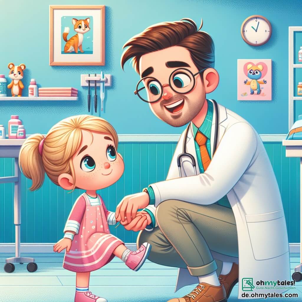 Der Hauptcharakter, Dr. Felix, ist ein etwa dreißigjähriger Mann mit braunen Haaren und runden Brillen, die ihm ein freundliches Aussehen verleihen. Er trägt ein großes Lächeln und einen weißen Arztkittel, während er ein Stethoskop in den Händen hält. Er hockt neben einem kleinen Mädchen, Mia, etwa 6 Jahre alt, mit blonden Haaren und blauen Augen, das ein rosa Kleid trägt. Sie schaut Dr. Felix mit einer Mischung aus Neugier und Erleichterung an, während er sanft ihren verletzten Fuß untersucht. Im Raum steht Lisa, Dr. Felix' beste Freundin, eine etwa dreißigjährige Frau mit braunen, zu einem Pferdeschwanz gebundenen Haaren. Sie bereitet Verbände und medizinische Werkzeuge an einem Tisch vor und beobachtet die Szene mit einem ermutigenden Lächeln. Der Ort ist eine farbenfrohe Kinderklinik mit hellblauen Wänden und fröhlichen Tierzeichnungen. Spielsachen liegen auf dem Boden, und ein großes Fenster lässt Sonnenlicht herein, wodurch eine warme und einladende Atmosphäre entsteht. Die Hauptsituation zeigt Dr. Felix, der Mia beruhigt und ihr erklärt, wie er ihr helfen wird, sich besser zu fühlen. Das Bild strahlt Fürsorge, Mitgefühl und Vertrauen aus und verdeutlicht die besondere Beziehung zwischen dem Arzt und seinen jungen Patienten.
