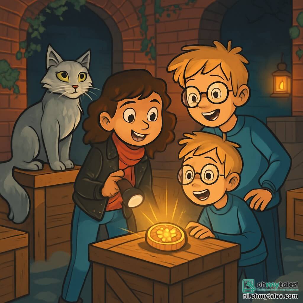 Er zijn 3 personages: - Emma: een 12-jarig meisje met krullend bruin haar en sprankelende nieuwsgierige ogen. Ze draagt een zwarte leren jas en een rode sjaal, en ze houdt een zaklamp in haar hand. - Felix: een 12-jarige jongen met wild blond haar en ronde bril. Hij is gekleed in een blauwe trui en een spijkerbroek, en kijkt om zich heen met een opgewonden gezicht. - Nox: een majestueuze kat met zilverachtig haar en grote glanzende groene ogen. Hij staat op een oude houten kist en kijkt de kinderen wijs en mysterieus aan. De personages bevinden zich in een oud pakhuis in Londen, met rode bakstenen muren bedekt met klimop. Schaduwen dansen op de vloer, geprojecteerd door het flikkerende licht van de lantaarns. Houten kisten liggen verspreid om hen heen, en een lichte mist zweeft in de lucht, wat een vleugje mysterie aan de sfeer toevoegt. De belangrijkste situatie toont Emma en Felix, geïntrigeerd, terwijl ze een oud, glinsterend artefact op een kist ontdekken, terwijl Nox, de kat, hen aandachtig observeert, klaar om hen te begeleiden in hun magische avontuur.