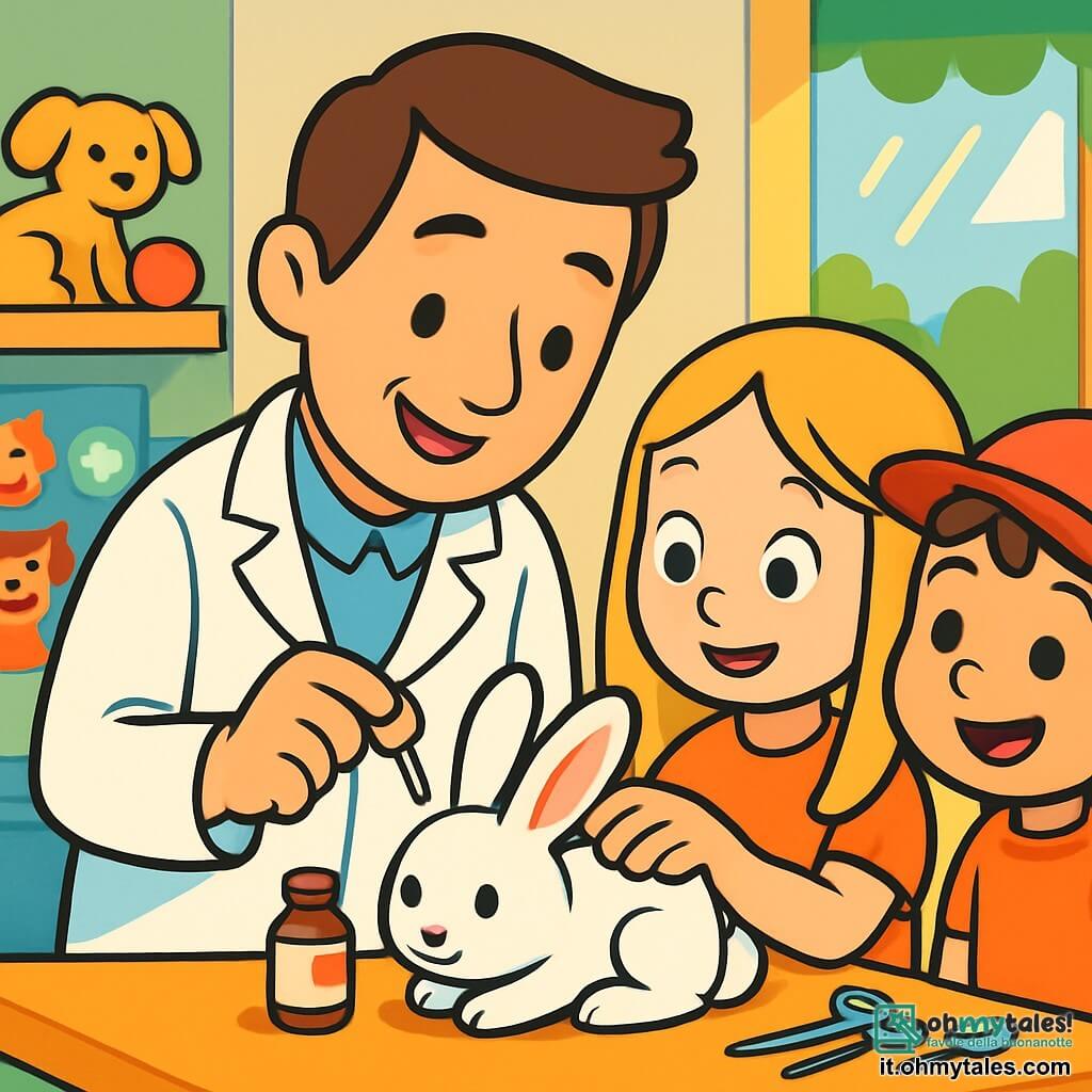Un veterinario, il dottor Paolo, sorridente e benevolo, con capelli castani e un camice bianco, è chinato su un adorabile coniglietto bianco dalle grandi orecchie, che tiene delicatamente tra le mani. I suoi occhi brillano di empatia e determinazione mentre prepara un piccolo flacone di medicinale. Accanto a lui, una ragazza di 8 anni, Sara, con lunghi capelli biondi, guarda con meraviglia, gli occhi spalancati dalla curiosità, mentre accarezza dolcemente il coniglietto. Un ragazzo di 7 anni, Matteo, con capelli castani e un cappellino rosso, si tiene un po' in disparte, sorridente e impaziente, pronto ad aiutare. La scena si svolge in una clinica veterinaria luminosa, piena di giocattoli per animali, manifesti colorati sulla cura degli animali e una grande finestra che lascia entrare la luce del sole. Su un tavolo accanto, strumenti veterinari sono ordinatamente sistemati. La situazione principale mostra il dottor Paolo mentre somministra un medicinale a Bianchino, il coniglietto, mentre Sara e Matteo lo osservano con espressioni di ammirazione e gioia, circondati da un'atmosfera calorosa e amichevole.