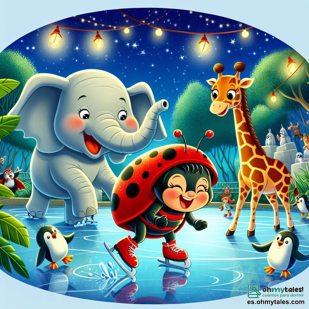 Una mariquita alegre llamada Lula, con alas rojas y manchas negras, sonríe ampliamente mientras patina sobre el hielo, con sus patitas levantadas en el aire. A su lado, un elefante llamado Paco, grande y gris, salpica agua con su trompa mientras ríe, mientras que una jirafa llamada Rita, con su largo cuello manchado, aplaude de pie sobre sus patas traseras, maravillada por el espectáculo. La escena tiene lugar en un zoológico mágico por la noche, donde las estrellas brillan en un cielo azul profundo y los recintos de los animales están iluminados por farolitos de colores. Lula, Paco y Rita se divierten juntos en la pista de patinaje improvisada, deslizándose y riendo, creando sombras divertidas en el suelo, mientras unos pingüinos los animan saltando alegremente a su alrededor.