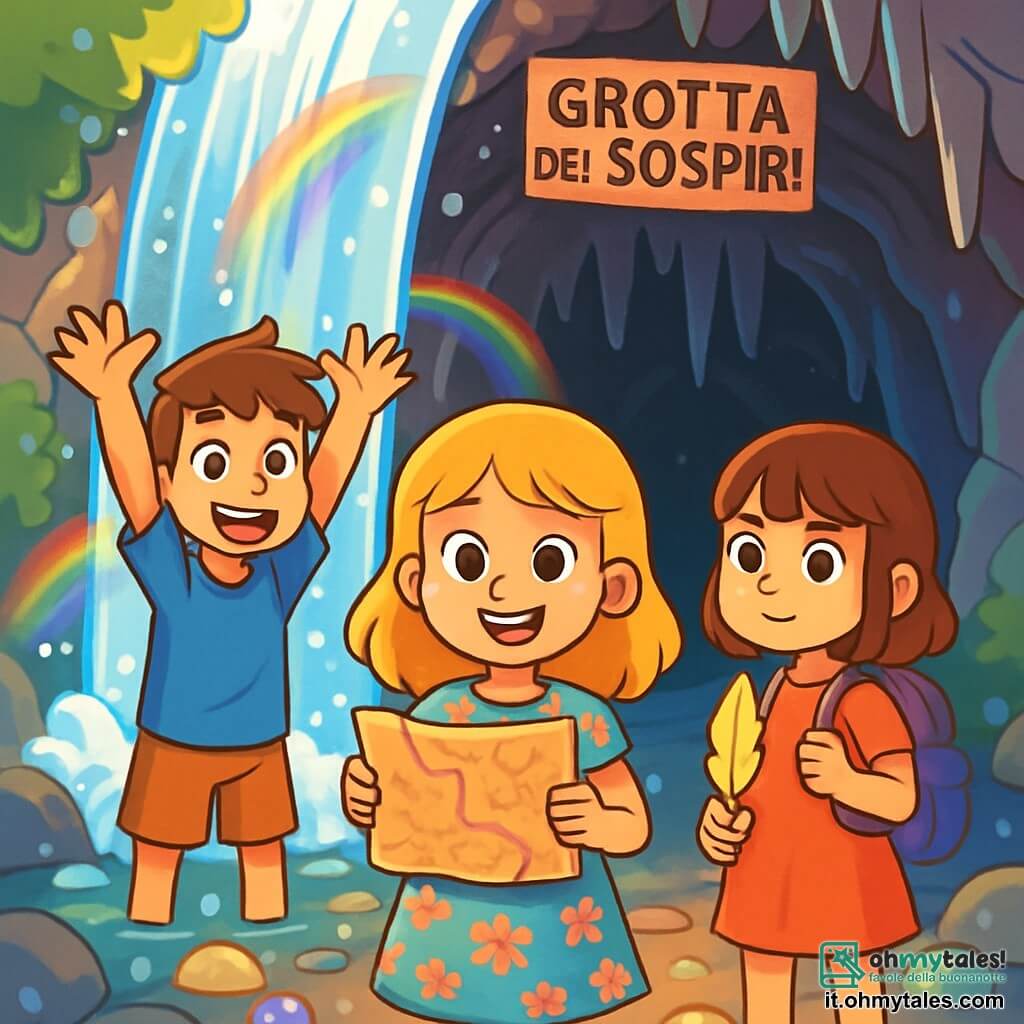 Ci sono 3 personaggi: - Livia: una ragazza di 10 anni con capelli dorati che brillano come il sole, occhi curiosi, indossa un vestito leggero decorato con fiori colorati. È al centro, tiene una vecchia mappa in mano e sorride. - Matteo: un ragazzo di 10 anni con capelli castani disordinati e occhi vivaci, indossa una maglietta blu e pantaloni corti. È a sinistra di Livia, alza le braccia con entusiasmo, pronto per un'avventura. - Sofia: una ragazza di 10 anni con capelli castani e frangia, indossa un vestito rosso e uno zainetto. È a destra di Livia, tiene una penna brillante in mano, con uno sguardo determinato. La scena si svolge all'ingresso della Grotta dei Sospiri, una grotta misteriosa dietro una cascata scintillante. La luce del sole filtra attraverso le gocce d'acqua, creando arcobaleni. I muri della grotta sono decorati con stalattiti scintillanti e il pavimento è coperto di pietre lucenti. I tre amici sono davanti all'ingresso, pronti ad entrare nell'ignoto, pieni di eccitazione e determinazione.