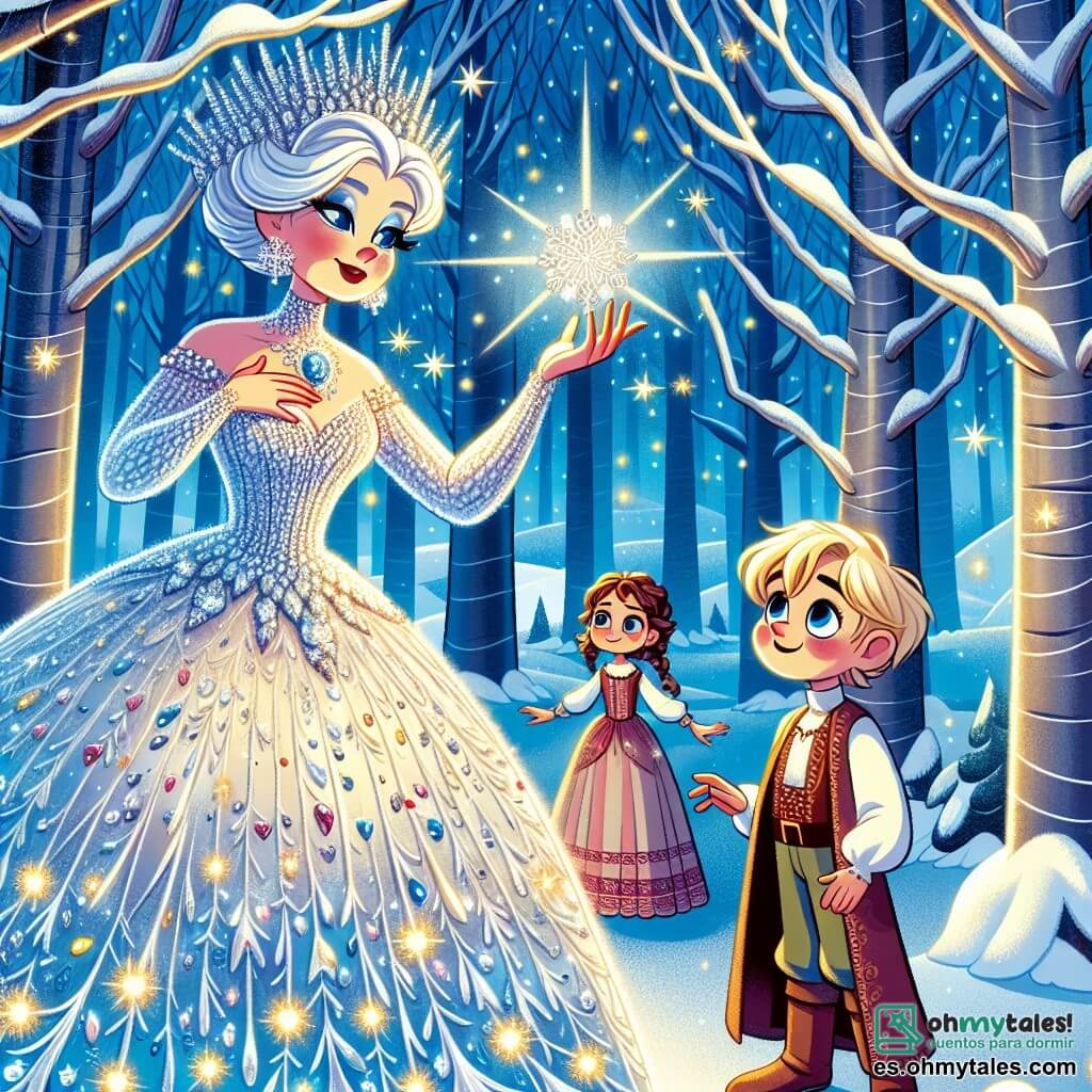 La reina de las nieves, una mujer majestuosa con cabellos plateados brillantes, lleva un vestido de cristal resplandeciente que refleja la luz como miles de diamantes. Su rostro expresa una dulce melancolía mientras extiende la mano hacia un copo de nieve que danza en el aire. A su lado, Kai, un niño de 10 años con mejillas sonrosadas y ojos brillantes, sonríe alegremente sosteniendo un amuleto en forma de corazón que simboliza su amistad. Gerda, una niña de 9 años con trenzas rubias y un vestido colorido, se queda un poco atrás, con los brazos cruzados, mirando a la reina con admiración y esperanza. La escena se desarrolla en un hermoso bosque encantado, donde árboles de troncos plateados se elevan hacia el cielo, con ramas adornadas de copos de nieve brillantes. El suelo está cubierto de un suave manto de nieve y estrellas brillan entre las ramas, creando una atmósfera mágica. La reina de las nieves, Kai y Gerda están juntos, listos para escribir un nuevo capítulo de su historia, rodeados de la belleza del paisaje invernal. El aire está lleno de promesas y risas mientras descubren la magia de la amistad y la libertad.
