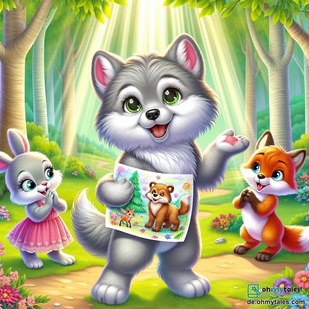 Ein kleiner Wolf mit grauem, weichem Fell, großen, glänzenden Augen und einem warmen Lächeln steht in der Mitte des Bildes und hält stolz eine bunte Zeichnung eines großen Bären und eines eleganten Rehs. Er wirkt fröhlich und stolz, seine Ohren sind vor Aufregung aufgestellt. Rechts von ihm applaudiert ein kleiner, leuchtend roter Fuchs mit einem buschigen Schwanz und schelmischen Augen begeistert und zeigt ein großes Lächeln. Links von ihm schaut ein kleines Kaninchen mit langen, seidenen Ohren, das ein hübsches rosa Kleid trägt, bewundernd zu dem Wolf, ihre Augen funkeln vor Freude. Die Szene spielt in einem verzauberten Wald, wo große Bäume mit lebhaft grünen Blättern eine einladende Kulisse bilden. Sonnenstrahlen brechen durch die Äste und erhellen den mit bunten Blumen und sanftem Gras bedeckten Boden. Der Wolf zeigt seinen Freunden seine Zeichnungen und teilt mit ihnen seine Leidenschaft für die Tiere des Waldes, während eine Atmosphäre von Kameradschaft und Freude in der Luft liegt, die die Schönheit von Freundschaft und Akzeptanz illustriert.