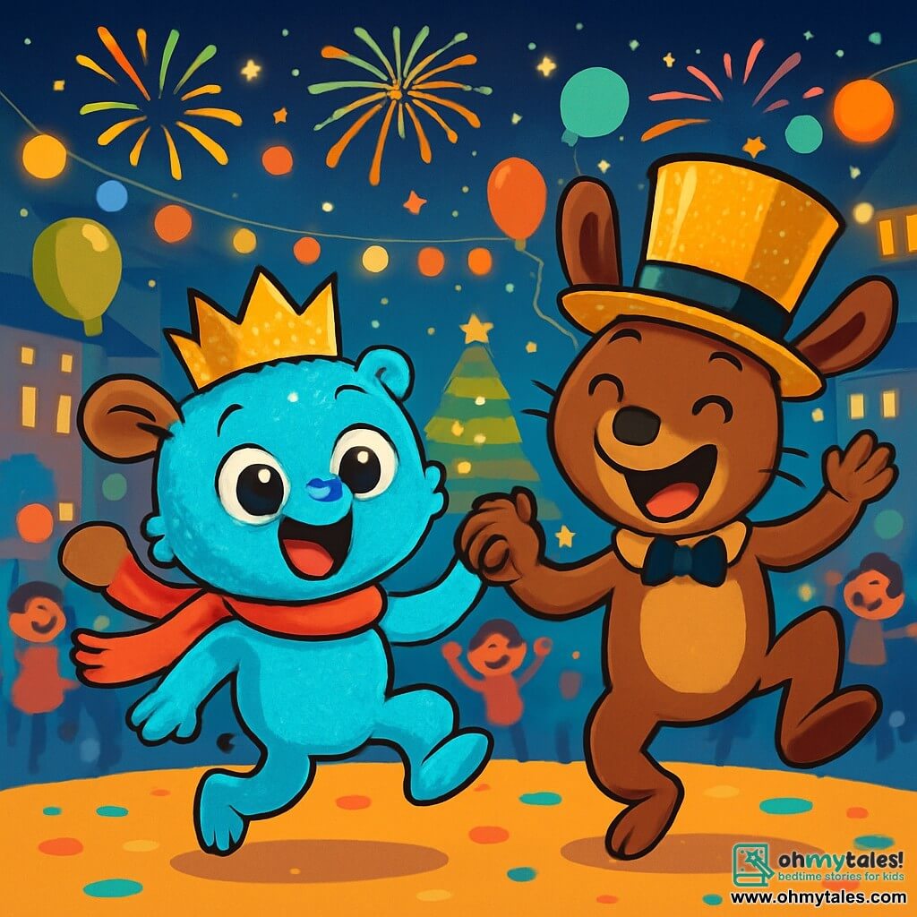 Milo, a small plush character with shiny blue fur, has large round eyes that express bright joy. He jumps for happiness, wearing a sparkling paper crown on his head, surrounded by colorful lights. His mom, a lovely creature with soft brown fur, smiles tenderly, her eyes sparkling with pride as she holds Milo's paw. She wears a bright red scarf that dances in the wind. His dad, a fun character with a top hat adorned with golden glitter, makes funny faces while dancing, his ears moving to the rhythm of the music, adding a touch of whimsy to the scene. The setting is a large illuminated town square filled with sparkling decorations, colorful balloons, and joyful people dancing and singing. Fireworks burst in the night sky, lighting up the amazed faces of children. The main scene shows Milo and his family jumping together to celebrate New Year's, surrounded by laughter and vibrant colors, capturing the festive and joyful spirit of this magical night.