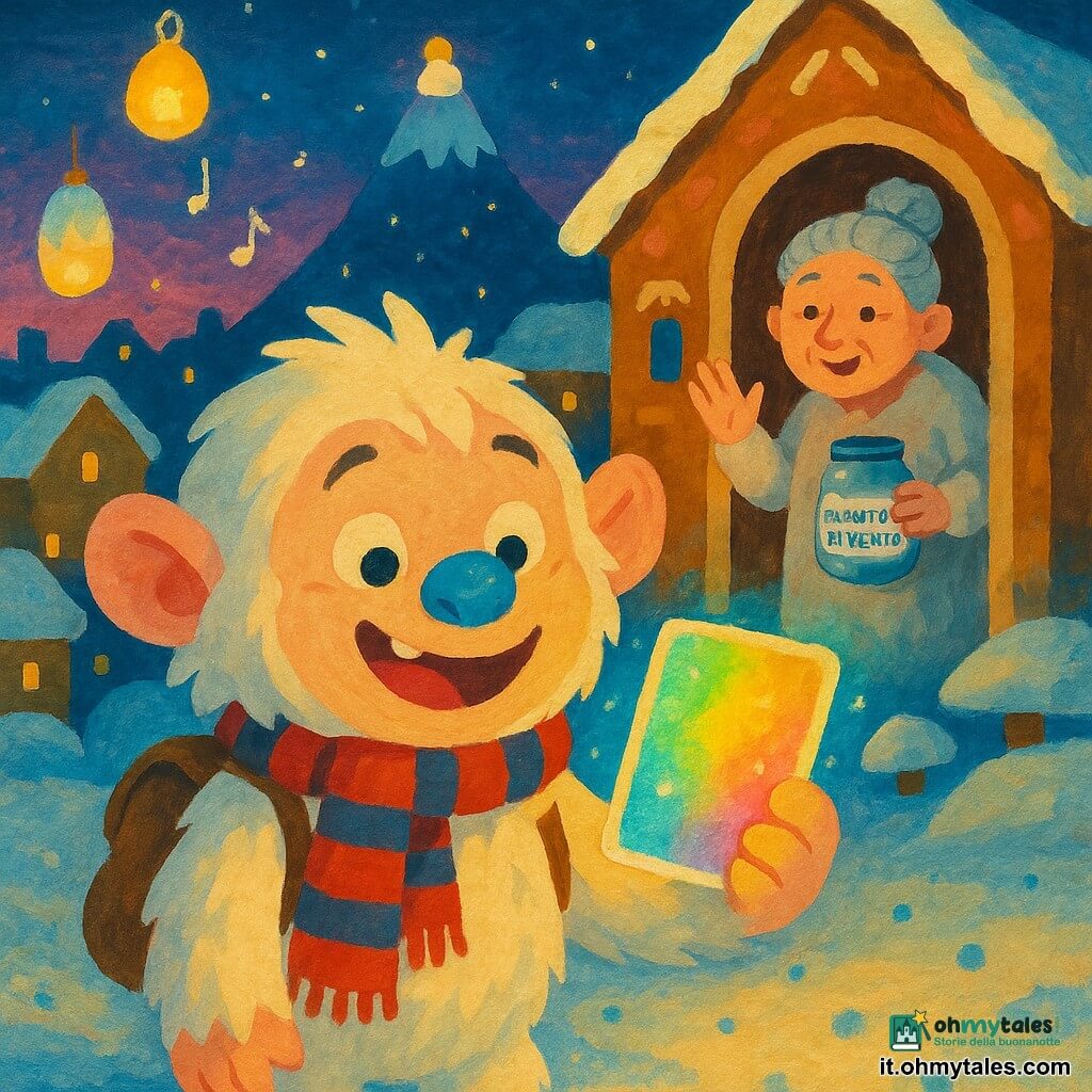 Un giovane Yeti di nome Nino, gioioso e curioso, sorride tenendo una mappa che cambia colore e emette un bagliore morbido; è grande come una poltrona, pelo bianco crema, orecchie rotonde, naso grande e blu che scintilla quando ride, indossa una sciarpa a righe rosse e blu e un piccolo zainetto di cuoio; la nonna Yara, anziana e benevola, lo osserva sulla soglia con i capelli grigi raccolti e un barattolo di "barattolo di vento" mentre lo incoraggia; il villaggio notturno ha casette di pan di zenzero coperte di neve crema, lanterne di ghiaccio luminose, neve punteggiata di bagliori azzurri e sullo sfondo il Monte Brillapunta con una campana dorata; la scena mostra Nino che apre un busta di foglia di ghiaccio sigillata da una stella e la mappa si illumina di colori cangianti, atmosfera calda in pastelli intensi di blu, rosa e oro, texture tipo gouache e contorni morbidi per un effetto infantile e magico.