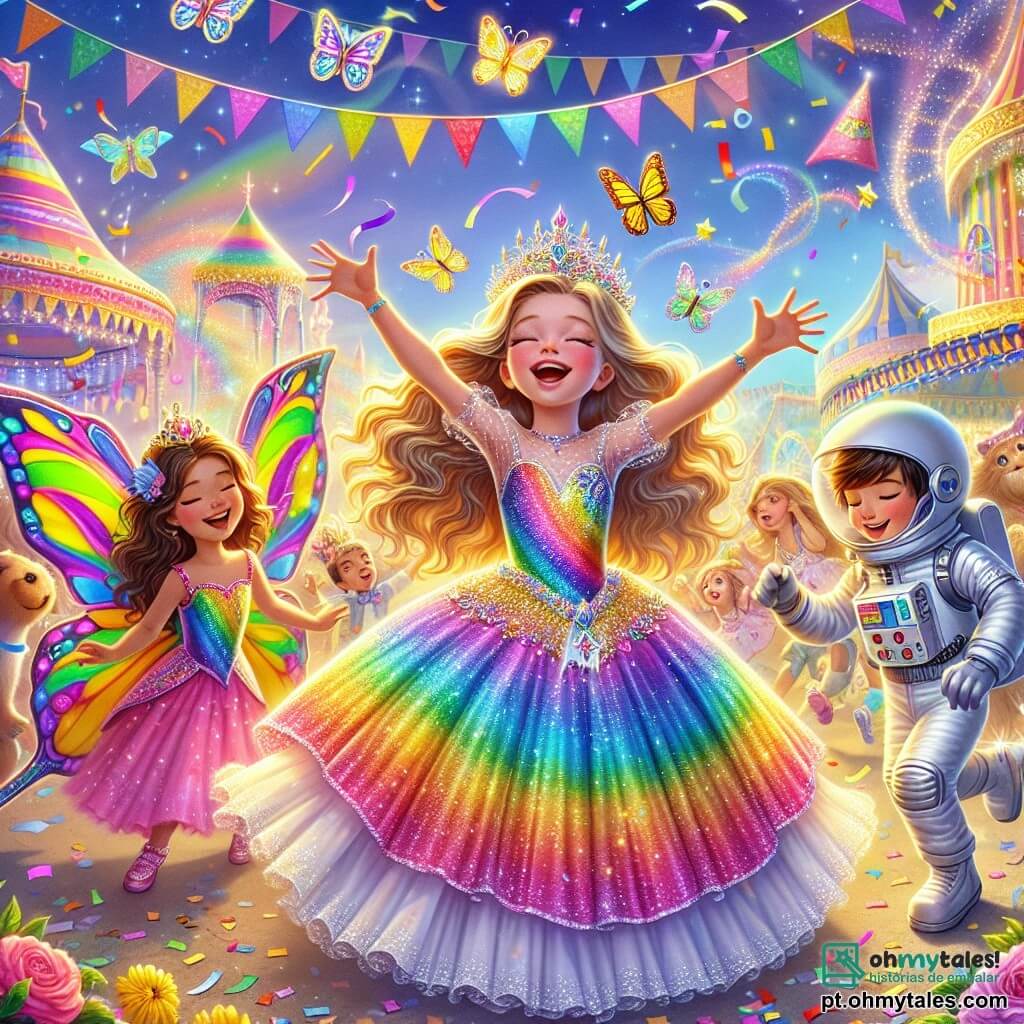 Uma menina de 6 anos, Clara, está no centro da imagem, radiante de alegria. Ela usa um lindo vestido de princesa arco-íris, com brilhos cintilantes e uma coroa dourada na cabeça. Seus olhos brilham de excitação enquanto dança, com os braços levantados para o céu, cercada por cores vivas. À sua direita, Lila, uma menina de 7 anos com asas de borboleta multicoloridas, flutua levemente acima do chão. Ela sorri, seus cabelos longos e ondulados brilham ao sol, e ela segura uma varinha mágica que emite faíscas. À esquerda, Lucas, um menino de 8 anos vestido de astronauta, tenta pegar estrelas de papel que caem do céu. Ele usa um capacete prateado e um traje espacial, e seu rosto está iluminado pela maravilha. O cenário é um carnaval vibrante, com barracas coloridas, guirlandas de flores e balões flutuantes. Confetes dançam no ar, e animais mágicos, como um elefante colorido e um leão com uma juba arco-íris, dançam alegremente ao redor deles. A cena principal mostra Clara, Lila e Lucas dançando juntos, cercados pelas risadas e pela magia do carnaval, enquanto se preparam para partir em busca de um tesouro misterioso.