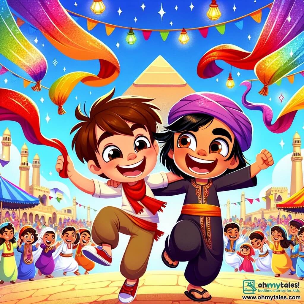 In the foreground, a five-year-old boy named Oliver, with messy brown hair and a big smile, joyfully dances while holding a bright red scarf in his hands. Next to him is a six-year-old Egyptian boy named Amir, with black hair and sparkling eyes, laughing as he dances. They are surrounded by vibrant colors and twinkling lanterns. In the background, the majestic Pyramid of Giza stands under a bright blue sky, while people dance and celebrate around them, creating a festive atmosphere. Colorful market stalls filled with jewelry and fabrics add life to the scene. The main focus shows Oliver and Amir participating in "The Dance of Colors," surrounded by floating scarves and laughter, capturing the joyful spirit of adventure and friendship at the heart of the Egyptian celebration.