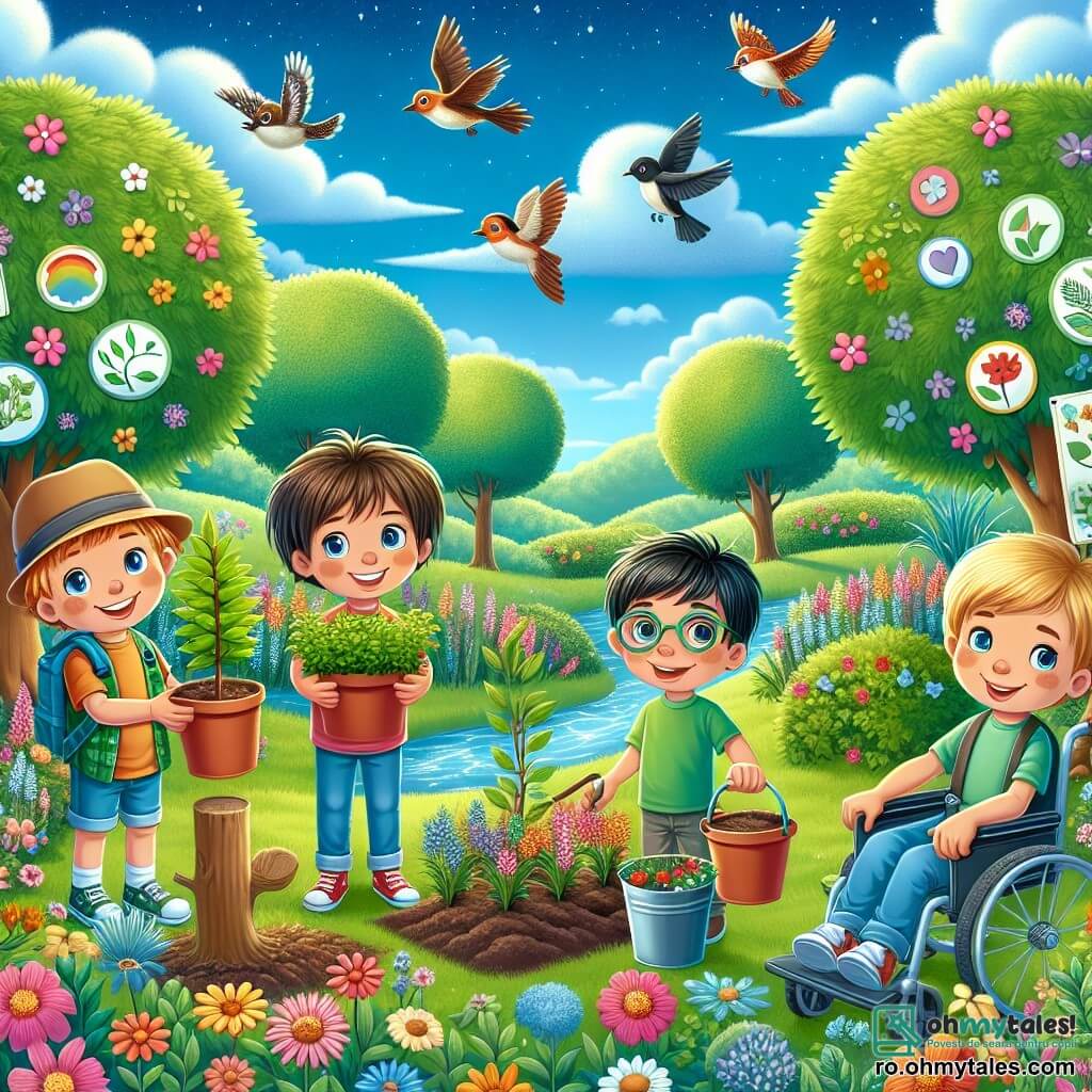 În centrul imaginii, Matei, un băiat de 8 ani cu părul brunet și ochi strălucitori, zâmbește ținând un copăcel de plantat. La dreapta lui, Andrei, un băiat de 7 ani cu părul blond și ochelari rotunzi, privește cu entuziasm fântâna de flori pe care tocmai au plantat-o. La stânga, Ioan, un băiat de 9 ani cu părul negru și un tricou verde, ține un panou pe care scrie "Protejăm natura!" și zâmbește mândru. În final, David, un băiat de 8 ani cu părul castaniu și un zâmbet călduros, este așezat în scaunul său cu rotile, ținând o găleată plină cu pământ pentru a ajuta la plantare. Locul este un parc verde, plin de flori colorate și copaci majestuoși, cu un cer albastru strălucitor și câteva nori albi pufoși. În fundal, se vede un mic pârâu strălucitor și păsări cântând în copaci. Situația principală arată cei patru prieteni plantând copaci și flori, înconjurați de panouri educaționale despre ecologie, cu zâmbete pe fețele lor, ilustrând angajamentul lor de a proteja natura și de a face mediu lor mai frumos.