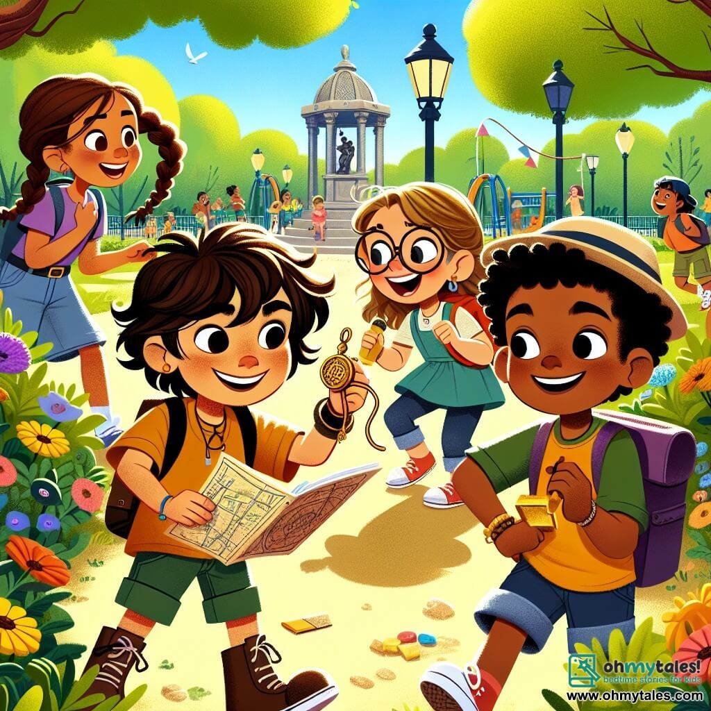 In a sunny park, four friends stand together, ready for an adventure. Max, a 10-year-old boy with messy brown hair and a mischievous smile, holds a treasure map in his hand. To his right, Lucy, a 9-year-old girl with braided blonde hair and round glasses, curiously looks at a small book she found. Sam, a 10-year-old boy with brown hair wearing a cap, crouches down examining a gadget he made, while Mia, a 9-year-old girl with curly hair and a colorful dress, joyfully laughs while holding a small golden spoon. The park is vibrant, filled with colorful flowers, large trees with lush green leaves, and children playing on swings. At the center, an old wooden music kiosk decorated with flower garlands catches the friends' attention. The main scene shows the friends discovering a sparkling golden spoon on a podium in the middle of the park, surrounded by other curious children watching them in awe. They are on a quest to solve a mystery, their faces lit up with excitement and the promise of an unforgettable adventure.