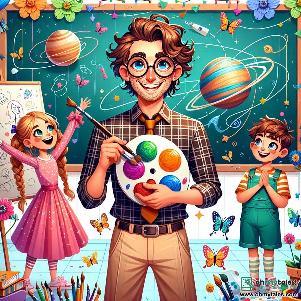 A teacher in his thirties, with messy brown hair and round glasses, smiles enthusiastically in front of a blackboard filled with colorful drawings. He wears a checkered shirt and beige pants, holding a paint palette in one hand, ready to encourage his students. Next to him, Lucy, an 8-year-old girl with long braided blonde hair and pink glasses, joyfully dances with a butterfly net, surrounded by colorful flowers attracting butterflies. A bit further away, Timmy, a 9-year-old boy with brown hair and square glasses, proudly shows his model of the solar system, with papier-mâché planets hanging from strings above his head. The scene takes place in a bright classroom decorated with children's drawings, educational posters, and colorful paper garlands, creating a joyful and inspiring atmosphere. The main situation shows the teacher encouraging his students as they prepare for a big project for the school fair, where each child presents their passion with enthusiasm and creativity.