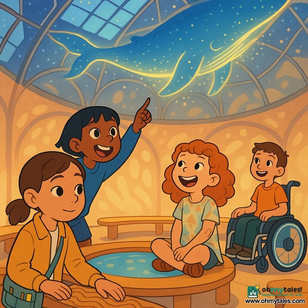 Four children: Mina, about 11, brown hair in a small ponytail, mustard-yellow jacket, light tool-bag, seated front left with fingers on a wavy tactile railing, calm attentive expression; Aya, about 10, short black hair in blue sportswear, standing behind Mina leaning forward with a curious smile, pointing at the ceiling; Tess, about 11, curly red hair in a light geometric dress, seated right of Mina with legs crossed, laughing and looking up, small adhesive band on her arm; Jo, about 12, short brown hair in a modern wheelchair with glowing wheels, slightly behind on the right, hand on the chair arm, smiling at the light. Setting: inside a bright rounded solar dome with a smooth glass ceiling, hexagonal solar-panel patterns, wide spiral ramps with polished metal rails, curved light-wood benches around a small reflective pool, soft colored lights projecting organic patterns on the walls. Scene: the children watch a light show on the dome—a huge blue-and-gold luminous whale swimming overhead trailing sparkles like plankton—soft, warm pastel colors, reflections on the glass, wonder and calm.