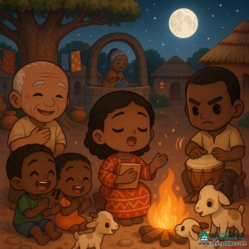 Main woman: Amina, young adult (20–25), round face, bright eyes, gentle determined expression, singing with mouth slightly open, holding a notebook tied to her chest with a cord, wearing a long dress with red and ochre geometric patterns, seated by a small fire; secondary: Kojo, elderly man (~70), wrinkled smiling face, simple beige clothes, seated left of Amina with hand on his chest in a congratulatory gesture; Kofi, adult man (~30), dark-skinned, focused brows, playing a small wooden drum to Amina's right with visible rhythmic motion; Nana Yaa, elderly woman (~60) with gray braided hair, softly singing while washing a blue cloth near a well in the background; children: three (two boys, one girl, 6–10) laughing, clapping in front of Amina, colorful clothes, short hair and braids; animals: two curious small goats, cream fur with brown spots, one sniffing the notebook; setting: village courtyard around a large baobab, red earth, lined clay pots, colorful fabrics hanging on a line, round mud houses with thatched roofs; lighting and mood: warm orange firelight on faces, silver full moon in the deep blue sky, sparks in the air, soft warm shadows; scene: Amina singing to gather the village voices, everyone listening and participating, joyful peaceful expressions, composition centered on Amina surrounded by people and everyday objects.