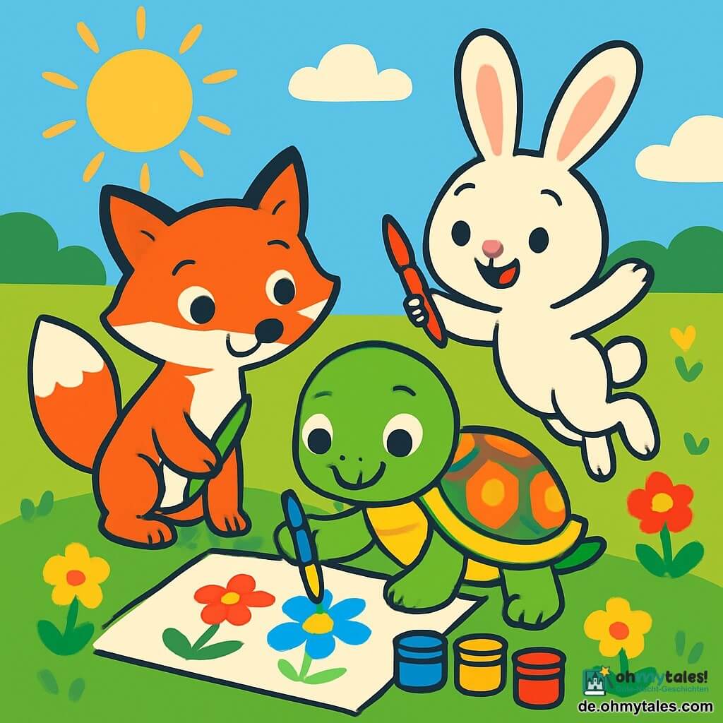 Im Mittelpunkt des Bildes steht die kleine grüne Schildkröte Tilda, die mit einem sanften Lächeln und funkelnden Augen ein großes Bild auf weißem Papier malt. Ihr Panzer ist mit bunten Mustern verziert und sie benutzt einen leuchtend blauen Pinsel. Rechts von ihr springt der kleine weiße Hase Hopp mit großen Ohren fröhlich umher und hält einen roten Pinsel. Er sieht aufgeregt und lächelnd aus, bereit, Blumen in das Bild zu malen. Links beobachtet der orangefarbene Fuchs Lio neugierig mit seinen schalkhaften Augen. Er hält einen grünen Pinsel und scheint ungeduldig, sein eigenes Bild zu malen. Der Hintergrund zeigt eine weite grüne Wiese, übersät mit bunten Blumen unter einem hellblauen Himmel. Goldene Sonnenstrahlen erhellen die Szene und schaffen eine warme, fröhliche Atmosphäre. Tilda und ihre Freunde schaffen gemeinsam ein lebendiges Bild, jeder fügt seine persönliche Note hinzu und zeigt so die Schönheit der Vielfalt und Freundschaft.