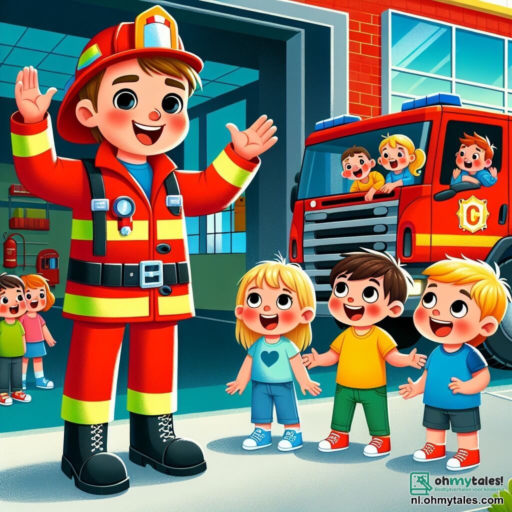 Een grote brandweerman, genaamd Tom, staat trots in het midden van het toneel. Hij draagt een felrode overall met reflecterende banden, een glanzende helm op zijn hoofd en zwarte laarzen. Zijn ogen stralen van vreugde terwijl hij zijn grote brandweerwagen laat zien. Naast hem staat een jongetje van ongeveer 7 jaar met rommelig bruin haar en een blauwe t-shirt, die vol verwondering zijn handen in de lucht steekt, onder de indruk van de grootte van de wagen. Een klein groepje meisjes van 6 tot 8 jaar met blond en kastanjebruin haar, met grote ogen, staat iets op afstand en luistert aandachtig naar Tom terwijl ze glimlachen. De scène speelt zich af voor een kleurrijk brandweerkazerne met rode muren en een grote open deur, waardoor brandbestrijdingsuitrusting zichtbaar is. Groene bomen en een heldere blauwe lucht voegen een frisse touch toe aan de omgeving. Tom legt de kinderen de belangrijkheid van brandveiligheid uit terwijl hij zijn wagen en gereedschap toont, wat een leerzame en verwonderende sfeer creëert.