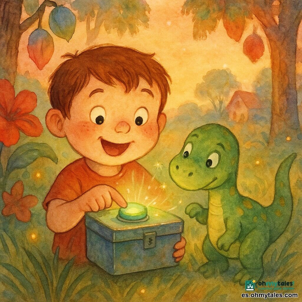 Niño de 4 años de cara redonda con pecas y pelo castaño corto, expresión asombrada y sonriente, presiona con entusiasmo un gran botón verde de una caja brillante; a su derecha un pequeño dinosaurio amistoso verde con manchas amarillas, cabeza inclinada y una pata junto a la caja; la madre no está, al fondo se ve una casa borrosa más allá de los árboles; claro prehistórico al atardecer con árboles altos, flores gigantes rojas y violetas, frutos colgantes, hierba mecida y luciérnagas doradas; momento mágico: la caja emite un halo verde y pequeñas estrellas brillan mientras el niño pulsa el botón para volver a casa, ambiente suave y colores cálidos con luz dorada.