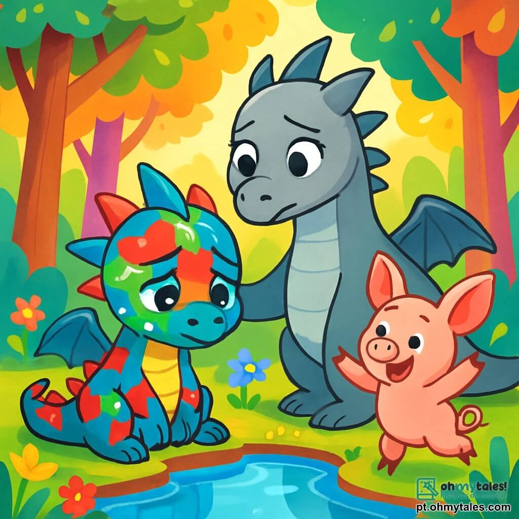 Um pequeno dragão chamado Draguinho, com escamas brilhantes de cores vivas (vermelho, azul e verde), expressa uma emoção de tristeza misturada com esperança. Ele está sentado à beira de um lago tranquilo, com suas grandes asas recolhidas, olhando seu reflexo na água com olhos brilhantes e uma pequena lágrima na bochecha. Perto dele, sua mãe, uma dragonesa chamada Fumaça, com escamas cinzas e olhos suaves, está de pé, com um olhar preocupado mas amoroso, colocando uma pata reconfortante sobre o ombro de Draguinho. Um pequeno porquinho rosa, chamado Saltitante, com grandes orelhas expressivas, pula alegremente ao redor deles, tentando fazê-los sorrir, exibindo uma expressão de entusiasmo e amizade. O local é uma floresta encantada, com árvores de troncos coloridos e folhas brilhantes, iluminada por raios de sol filtrando através dos galhos. O lago é de um azul radiante, cercado por flores multicoloridas que dançam suavemente ao vento. A situação principal mostra Draguinho, triste mas cercado pelo amor de sua mãe e de seu amigo, buscando conforto e alegria em um momento difícil, simbolizando a importância da amizade e da família apesar das mudanças.