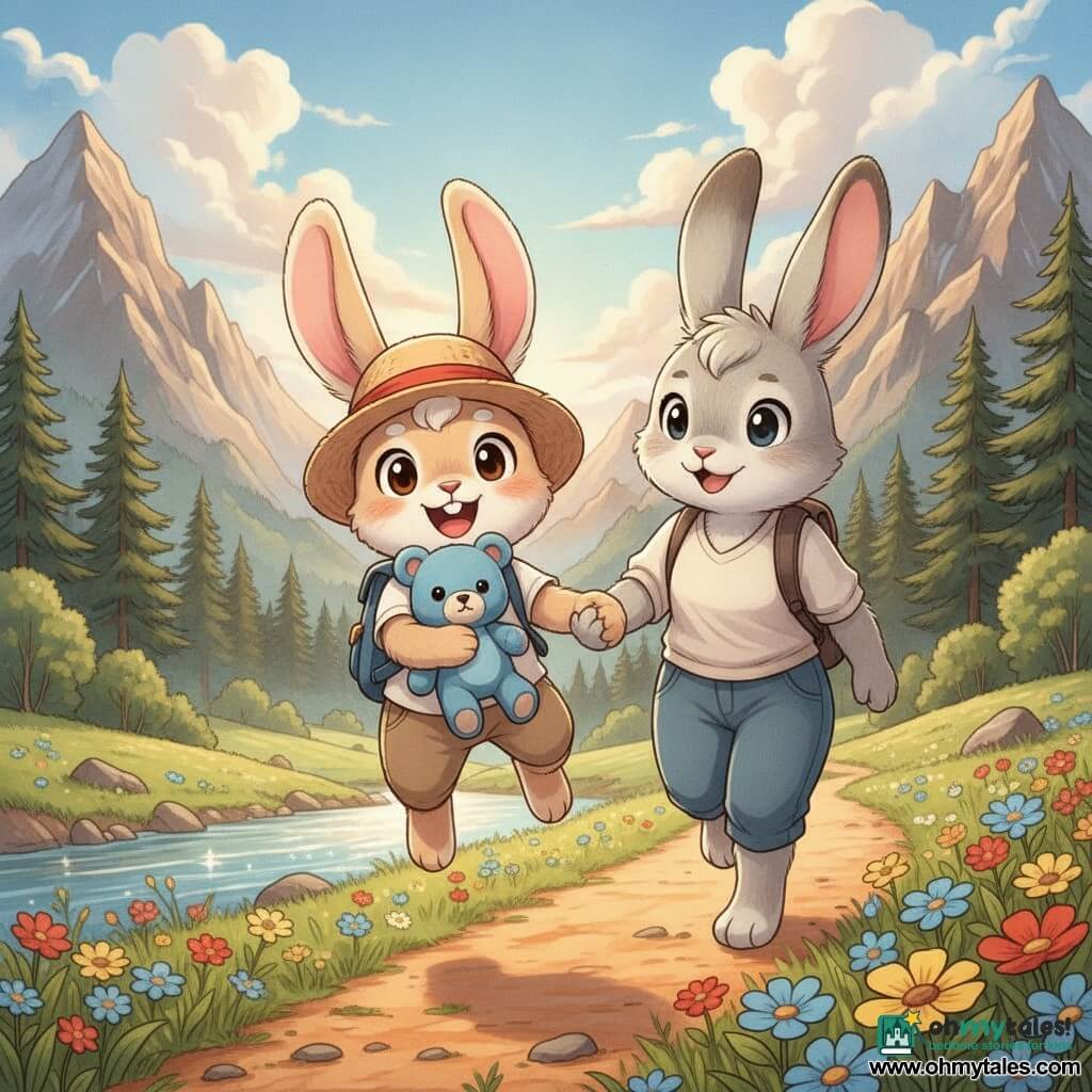 Benny, a young anthropomorphic rabbit smiling and amazed, with large white ears rimmed in pink, soft beige fur, bright round eyes, wearing a small blue backpack and straw hat, jumps for joy looking at the distant mountain; Mrs. Rabbit, a warm adult rabbit with light gray fur and a tender smile, walks protectively to his right holding his hand; Benny clutches a small blue teddy bear named Blue. The scene: sunny mountain valley at the start of a summer holiday, orange dirt path, colorful wildflowers, dark green firs, a sparkling river to the left and pointed mountains under a blue sky with fluffy clouds, golden morning light, centered composition on the characters in the foreground and mountains in the background. Graphic style: childlike manga, clear rounded lines, saturated palette, soft textures, warm inviting atmosphere.