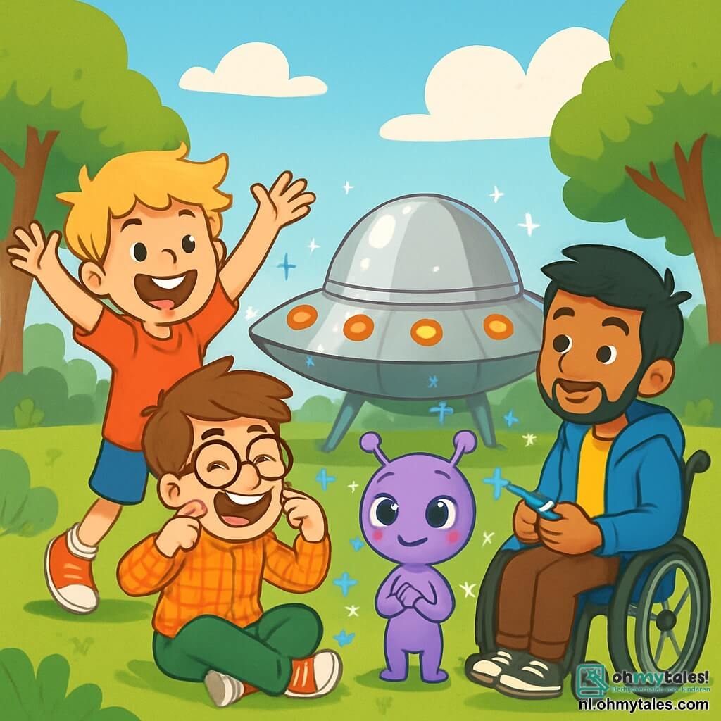 Er zijn 3 personages: - Finn: een 9-jarig jongen met messy blond haar en een grote glimlach. Hij draagt een rood t-shirt en een blauwe short. Hij staat met zijn armen omhoog, vol enthousiasme. - Bram: een 9-jarig jongen met bruin haar en ronde brillen. Hij draagt een geruite blouse en groene broek. Hij zit op het gras, lacht en maakt een grappige gezichtsuitdrukking. - Amir: een 10-jarig jongen met zwart haar en een baard van drie dagen. Hij zit in een rolstoel, gekleed in een geel t-shirt en een blauwe hoodie. Hij glimlacht en houdt een klein glanzend hulpmiddel in zijn handen. De locatie is een groot groen veld, omringd door majestueuze bomen. De lucht is helder blauw met enkele donzige witte wolken. In het midden van het veld schittert een zilveren ruimteschip in de vorm van een paddenstoel onder de zon, met knipperende gekleurde lichten. De hoofdscène toont de drie vrienden die het ruimteschip van Zibu ontdekken, een klein paarse buitenaardse met grote ogen. Zibu legt met een verlegen glimlach uit dat hij hun hulp nodig heeft om zijn schip te repareren, terwijl blauwe vonken om hen heen zweven, wat een magische en avontuurlijke sfeer creëert.