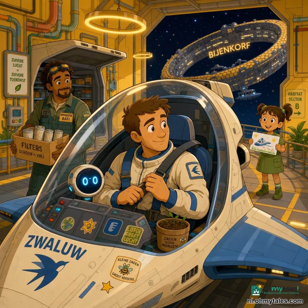 Ongeveer 30-jarige piloot, kort bruin haar, sproeten, kalm glimlachend en geconcentreerd, in crème-blauw licht ruimtepak, zit in het cockpit van een kleine shuttle genaamd Zwaluw en sluit zijn veiligheidsgordel terwijl hij uit het raampje kijkt; een AI als klein rond scherm met twee blauw gloeiende ogen zweeft bij het dashboard; Dokmeester Rafi, ±40, donkere huidskleur, krullend haar, draagt een tuinbroek met zakken en staat bij de open laadruimte met een doos filters, glimlachend zichtbaar achter de cockpitkap; een meisje van ±8 met twee staartjes en een groene jurk houdt een tekening en kijkt vanaf een loopbrug van het habitat, rechts iets op de achtergrond; warme, nette ruimtehangar met metalen wanden in gele tinten, buizen en ringlampen, grote open deuren naar een sterrenhemel en een grote ringstructuur "Bijenkorf"; hoofdscène toont de shuttle vertrekklaar in gouden hangaarlicht, zachte optimistische sfeer, warme kleuren, lijntekeningstijl met eenvoudige schaduwen en vriendelijke overdreven expressies, gecentreerd op de piloot met diepte door bijpersonages en habitat; kleine details: stickers op de console, doos filters met label, kleine zaadjes in een potje.