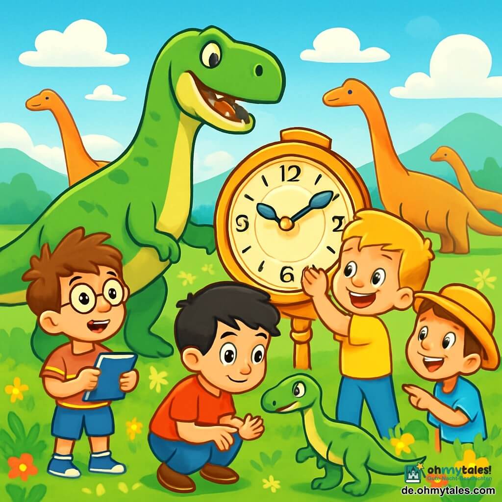 Es gibt 4 Kinder: - Ben: ein 8-jähriger Junge mit zerzausten braunen Haaren und runden Brillen. Er hält ein kleines Notizbuch und schaut fasziniert auf einen großen Dinosaurier. - Leo: ein 7-jähriger Junge mit blonden Haaren und funkelnden Augen. Er dreht eine große alte Uhr und hat ein aufgeregtes Lächeln im Gesicht. - Max: ein 9-jähriger Junge mit schwarzen Haaren und einem roten T-Shirt. Er hockt sich hin, um einen kleinen Dinosaurier zu beobachten, der sich ihm neugierig nähert. - Paul: ein 8-jähriger Junge mit kastanienbraunen Haaren und einem Strohhut. Er steht etwas im Hintergrund, lacht und zeigt auf die Dinosaurier, die um sie herum grasen. Der Ort ist eine weite, grüne Wiese, übersät mit bunten Blumen. In der Ferne bewegen sich majestätische Dinosaurier langsam, ihre schimmernden Schuppen blitzen in der Sonne. Der Himmel ist strahlend blau mit einigen flauschigen weißen Wolken, die friedlich treiben. Die Hauptsituation zeigt die Kinder, die fasziniert eine prähistorische Welt entdecken. Sie sind von Dinosauriern unterschiedlicher Größe umgeben, einige grasen, andere spielen miteinander. Die Atmosphäre ist fröhlich und voller Neugier, während sie dieses faszinierende neue Universum erkunden.