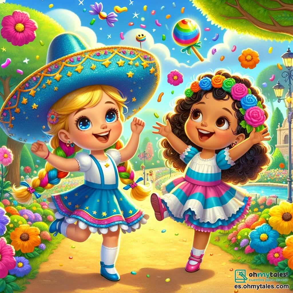Dos niñas alegres están en el centro de la imagen. Lila, una niña de 7 años con trenzas coloridas, lleva un bonito sombrero azul brillante decorado con estrellas doradas. Sonríe con asombro, los brazos levantados, rodeada de flores coloridas que bailan a su alrededor. A su derecha, Pía, una niña de 6 años con una pierna especial, salta de alegría, los brazos en alto, con su cabello rizado flotando al viento. El escenario es un parque soleado, lleno de vegetación exuberante y flores brillantes. Los árboles majestuosos bordean el camino, y un cielo azul claro tiene algunas nubes blancas esponjosas. Lila y Pía corren tras de caramelos voladores que flotan en el aire, riendo y divirtiéndose. Las flores coloridas bailan a su alrededor, y nubes de dulces escapan del sombrero mágico de Lila, creando una escena alegre y mágica.