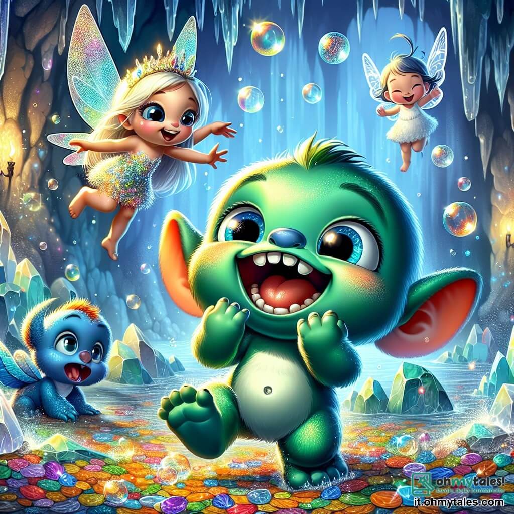 Al centro dell'immagine, Grisù, un piccolo mostro dalle grandi orecchie e dalla pelle verde brillante, salta felicemente su un mucchio di foglie colorate, con un ampio sorriso che mostra i suoi piccoli denti. I suoi grandi occhi curiosi brillano di eccitazione mentre ride. Alla sua destra, Zaffiro, una bella fata con ali scintillanti, vola nell'aria, i suoi lunghi capelli dorati che fluttuano attorno a lei. Ride guardando Grisù, i suoi occhi brillano di malizia. Un po' più in là, Puff, un piccolo drago dalle scaglie blu, cerca di catturare le bolle di sapone che fluttuano intorno a lui, con un'espressione di meraviglia sul viso. Lo sfondo è una grotta magica, con muri scintillanti di cristalli colorati che emettono riflessi di luce, creando un'atmosfera fiabesca. Risate risuonano nell'aria e lampi di luce danzano attorno ai personaggi. La scena mostra Grisù mentre si diverte a saltare sulle foglie, mentre Zaffiro e Puff lo incoraggiano, riempiendo la grotta di gioia e risate.