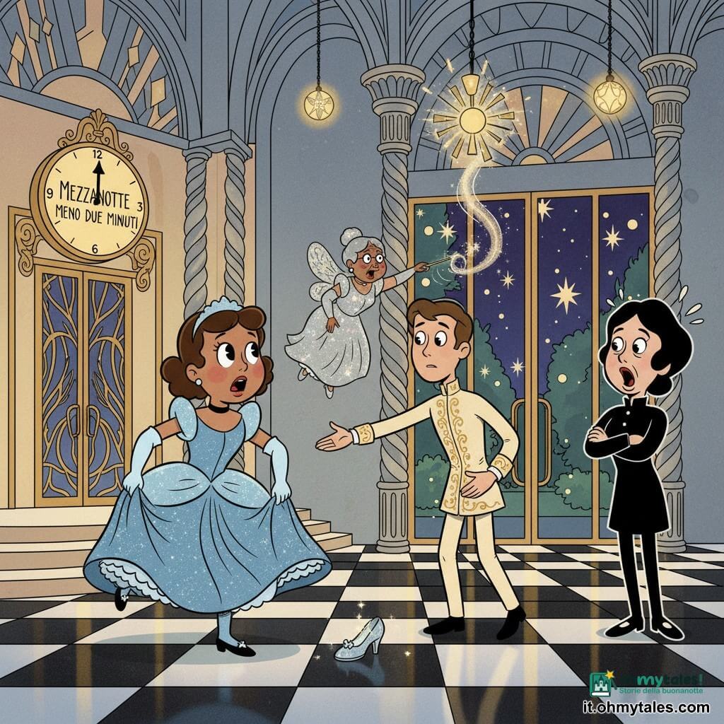 Cenerentola, ragazza emozionata e ansiosa dal volto luminoso e guance rosate, in abito azzurro scintillante e guanti bianchi, solleva la gonna e corre verso l'uscita del ballo; il principe ventenne dal volto dolce e sorpreso, in abito crema ricamato d'oro, le tende la mano dalla pista; la Fata, anziana e benevola in veste argentata, fluttua sullo sfondo agitandone una bacchetta; la matrigna, donna di circa 45 anni dall'aria caricaturalmente collerica, sta all'ingresso con le braccia conserte; il grande salone in stile art déco reinventato ha soffitti alti, lampadari colorati, colonne tortili e pavimento a scacchi che si apre su un giardino notturno; l'orologio dorato segna quasi mezzanotte, una sola scarpetta di vetro scintilla sul pavimento e la folla si arresta in una tensione dolce e magica.