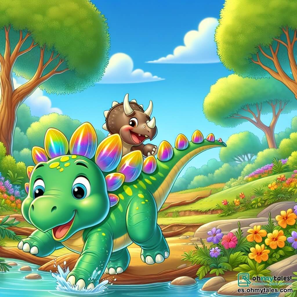 Un estegosaurio llamado Estela, con piel verde y placas brillantes de colores vivos en su espalda, expresa entusiasmo saltando alegremente al borde de un hermoso arroyo. A su lado, un pequeño triceratops llamado Tito, con piel marrón y tres cuernos en su frente, sonríe mirando a Estela, listo para acompañarla en su aventura. El paisaje es encantador, lleno de flores coloridas, grandes árboles y un cielo azul con nubes blancas. Estela y Tito, emocionados y curiosos, exploran juntos su nuevo entorno, listos para descubrir las maravillas de su nuevo hogar.