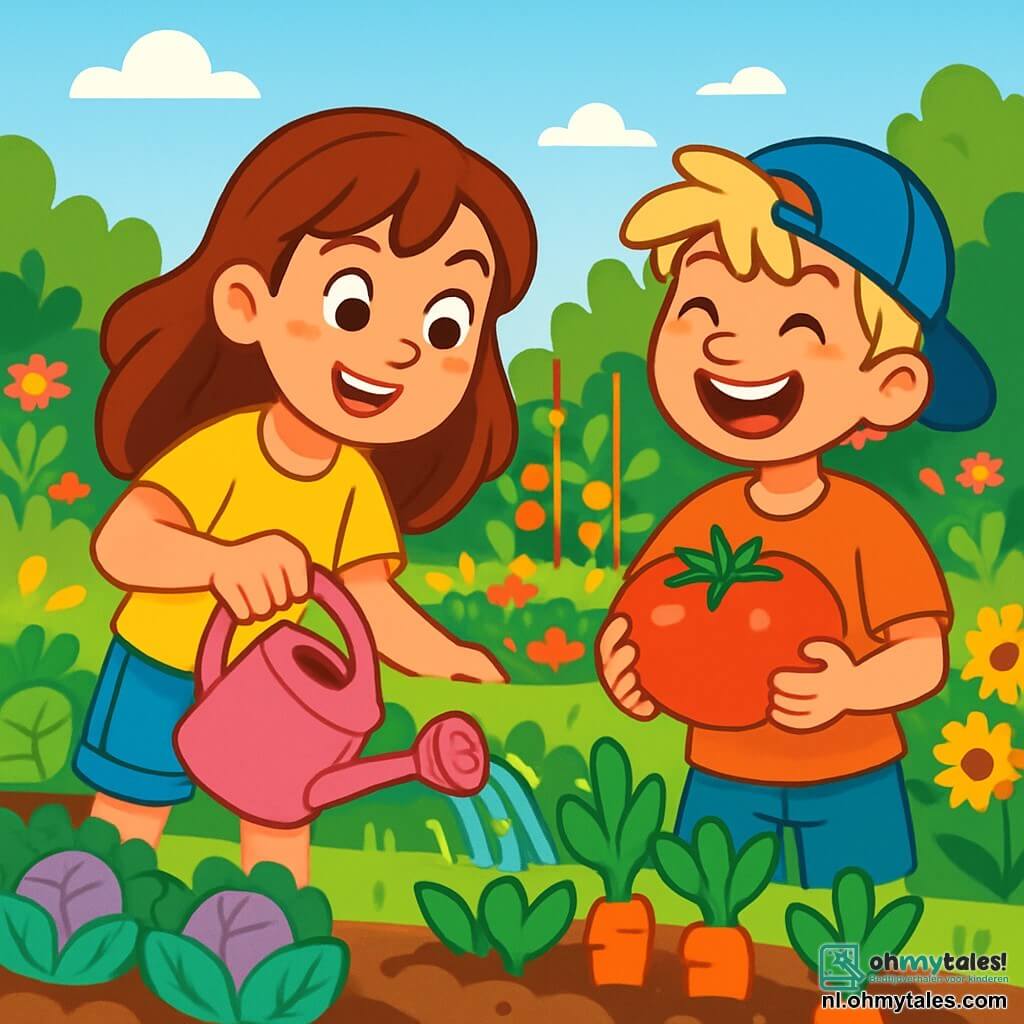 Een 8-jarig meisje, Lotte, met lange bruine haren en sproeten op haar neus, glimlacht vrolijk terwijl ze planten water geeft met haar kleine roze gieter. Ze draagt een felgele t-shirt en een spijkerbroek, en haar ogen stralen van opwinding. Naast haar staat haar beste vriend Bram, een 8-jarig jongetje met messy blond haar en een blauwe pet, die lacht terwijl hij een grote rode tomaat vasthoudt die hij net heeft geplukt. Ze bevinden zich in een mooie groene tuin, vol met kleurrijke groenten, stralende bloemen en net onderhouden rijen planten onder een blauwe zonovergoten lucht. De scène toont Lotte en Bram die samen in de tuin werken, omringd door lachen en vreugde, wat de geest van vriendschap en delen tijdens de zomervakantie illustreert.