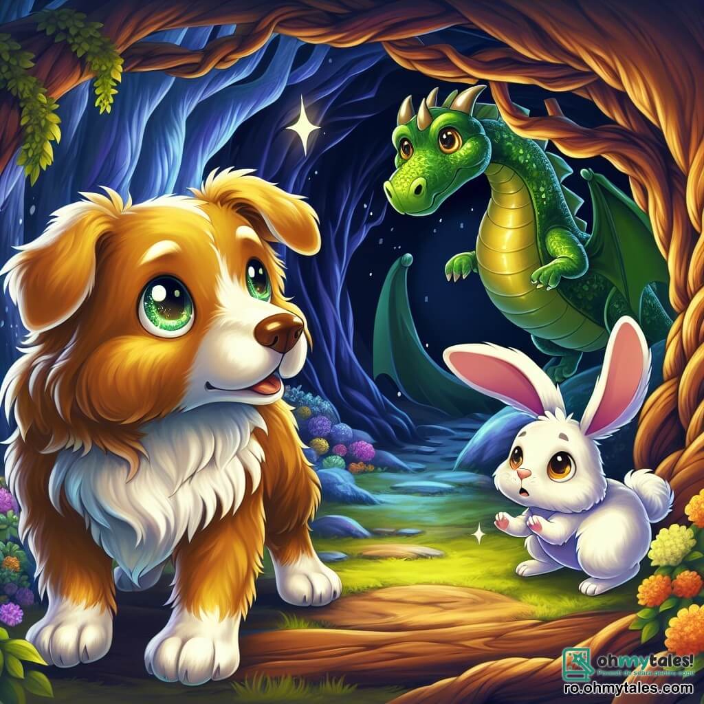 Un câine pe nume Rex, cu o blană frumoasă de aur și ochi strălucitori de curiozitate, stă curajos în fața unei peșteri întunecate, expresia sa hotărâtă arătând că este pregătit să înfrunte necunoscutul. Lângă el, un iepuraș alb pe nume Lili, cu urechi mari și o privire îngrijorată, se uită la peșteră tremurând ușor, adăpostindu-se lângă Rex pentru a găsi confort. În fundal, un dragon verde măreț, cu solzi strălucitori și ochi în formă de bijuterii, iese timid din umbra peșterii, atitudinea sa ezitantă trădând dorința de a-și face prieteni. Scena se desfășoară într-o pădure magică, unde copacii cu trunchiuri noduroase și flori colorate iluminează solul, creând o atmosferă misterioasă și primitoare. Rex, câinele curajos, se pregătește să intre în peșteră pentru a întâlni dragonul, ilustrând momentul în care prietenia și curajul se întâlnesc pentru a depăși frica.