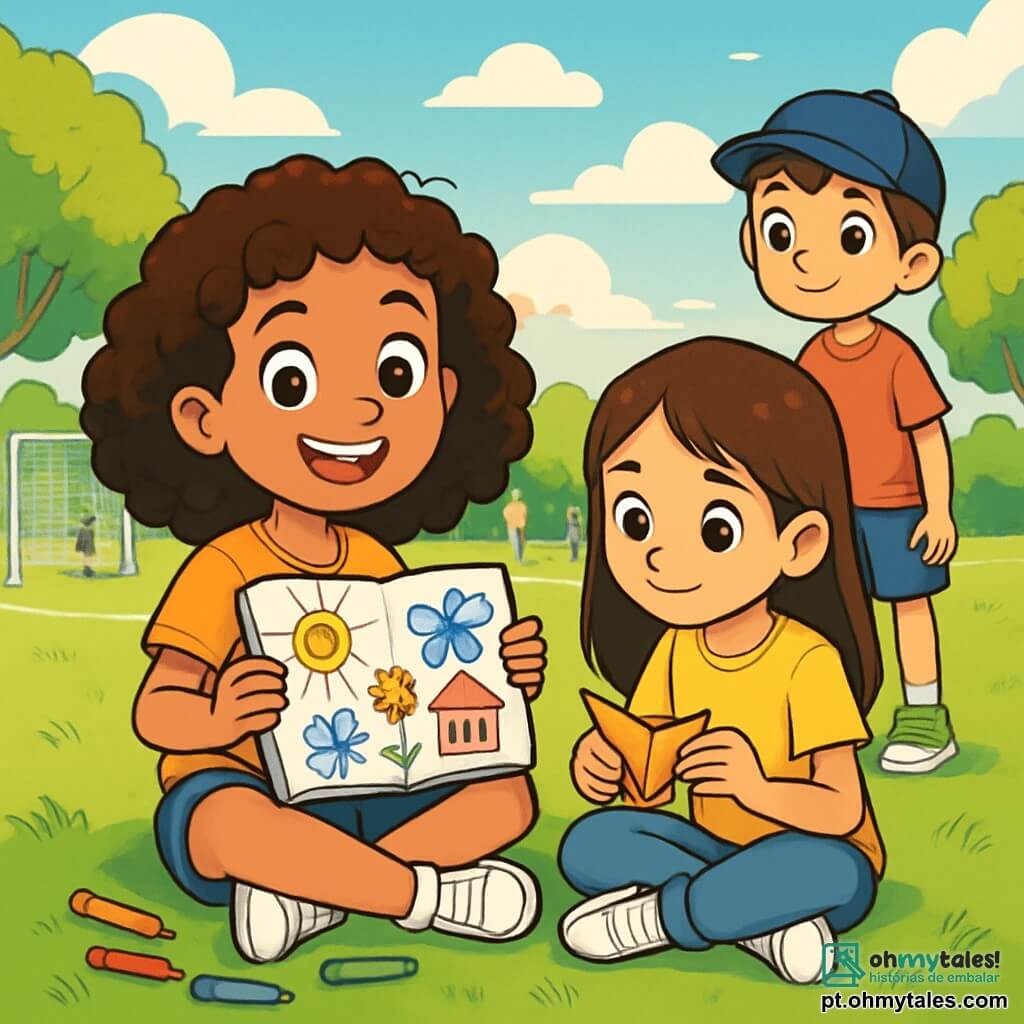 Uma menina de 10 anos, Sofia, com cabelos cacheados e olhos brilhantes, está sentada na grama verde, um grande sorriso iluminando seu rosto feliz. Ela segura um caderno de desenhos cheio de ilustrações coloridas, suas mãos estão cheias de criatividade e empolgação. Ao lado dela, Clara, uma menina de 9 anos com cabelos lisos e castanhos, está dobrando um pedaço de papel em origami, concentrada e entusiasmada, com um olhar admirativo para Sofia. Miguel, um garoto de 10 anos com cabelos curtos e um boné, está um pouco mais afastado, observando com curiosidade, pronto para se juntar às atividades deles. O local é um vasto campo de esportes, banhado por uma luz dourada, cercado por árvores com folhas verdes vibrantes que dançam suavemente ao vento. Risadas de crianças ecoam ao redor deles, e o céu é de um azul brilhante, salpicado de algumas nuvens brancas e fofas. A situação principal mostra Sofia e seus amigos criando um novo jogo, misturando futebol, origami e histórias, unindo seus talentos e imaginação em uma atmosfera alegre e colaborativa.