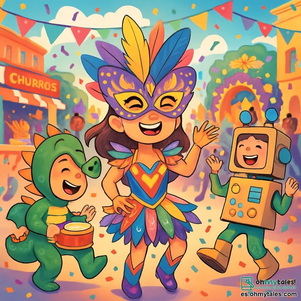 Una niña de 12 años, llamada Sofía, se encuentra en el centro del escenario, radiante de emoción con una amplia sonrisa. Lleva un disfraz colorido adornado con plumas y lentejuelas, y una gran máscara de carnaval en forma de mariposa. A su lado, su amigo Oliver, un niño de 8 años disfrazado de dragón, salta de alegría sosteniendo un pequeño tambor. Lucía, otra niña de 12 años, está un poco más atrás, vestida de robot de cartón decorado con luces parpadeantes, riendo y bailando. El fondo es una calle animada llena de colores vivos, con banderines y confeti. Sofía, Oliver y Lucía bailan juntos rodeados de una multitud entusiasta, mientras un gran carro decorado avanza en el desfile. La atmósfera es festiva y mágica, llena de risas y alegría, capturando el espíritu del carnaval.