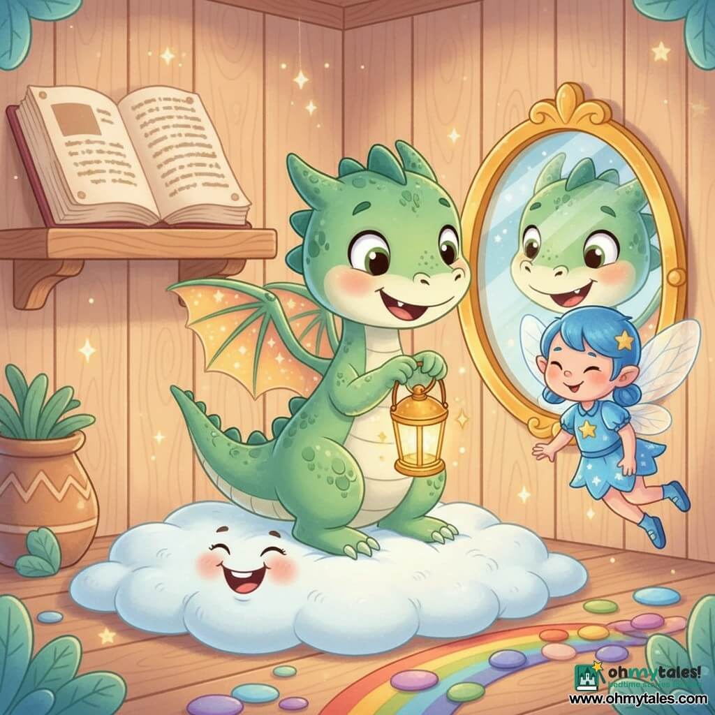 A small pale-green baby dragon with round wings, glossy scales and wide amazed eyes smiles while holding a tiny glittering golden lantern; a tiny blue fairy with translucent wings and a mischievous smile floats in the golden mirror behind the dragon; a fluffy white cloud with a joyful face laughs beneath the dragon’s feet like a soft rug; the scene is set in a cozy magical room with light wooden walls, an open old book, a glittering golden mirror, a rainbow stone path leading to the cloud and soft star-shaped lights, centered on the brave, wide-eyed dragon discovering the treasure.