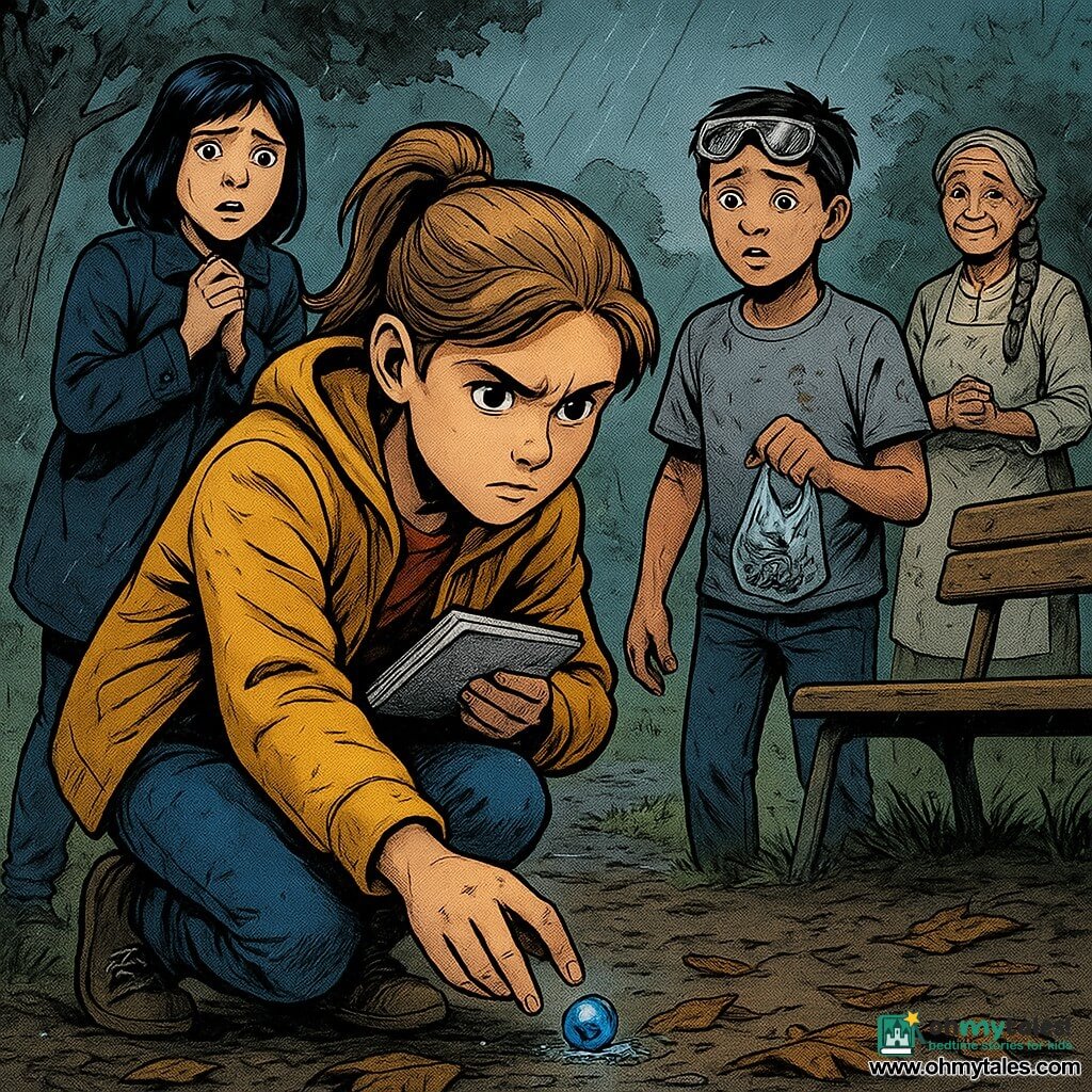 A determined 12-year-old girl with a serious face, bright eyes and light brown ponytail in a mustard-yellow jacket holds a notebook, crouching to pick up a small blue glass bead from wet leaves beneath a worn wooden bench; behind her stands Lila, about 12, relieved and anxious, black bobbed hair and a navy coat, hands clenched and watching the bead emotionally; beside the bench Aarav, ~11, ashamed but grateful, safety goggles on his forehead and a gray glue-stained T-shirt, holds a small plastic bag with chain pieces; nearby Mrs. Kaur, about 60, calm and kindly, gray braided hair and a flour-dusted apron, stands at the trail entrance smiling with hands joined; the rainy neighborhood clearing has wet leaves, dark mud, fresh footprints, a gravel path leading toward a distant laundromat and a bulletin board in the background, morning gray light and sparkling raindrops, composition centered on the hand reaching for the blue jewel.