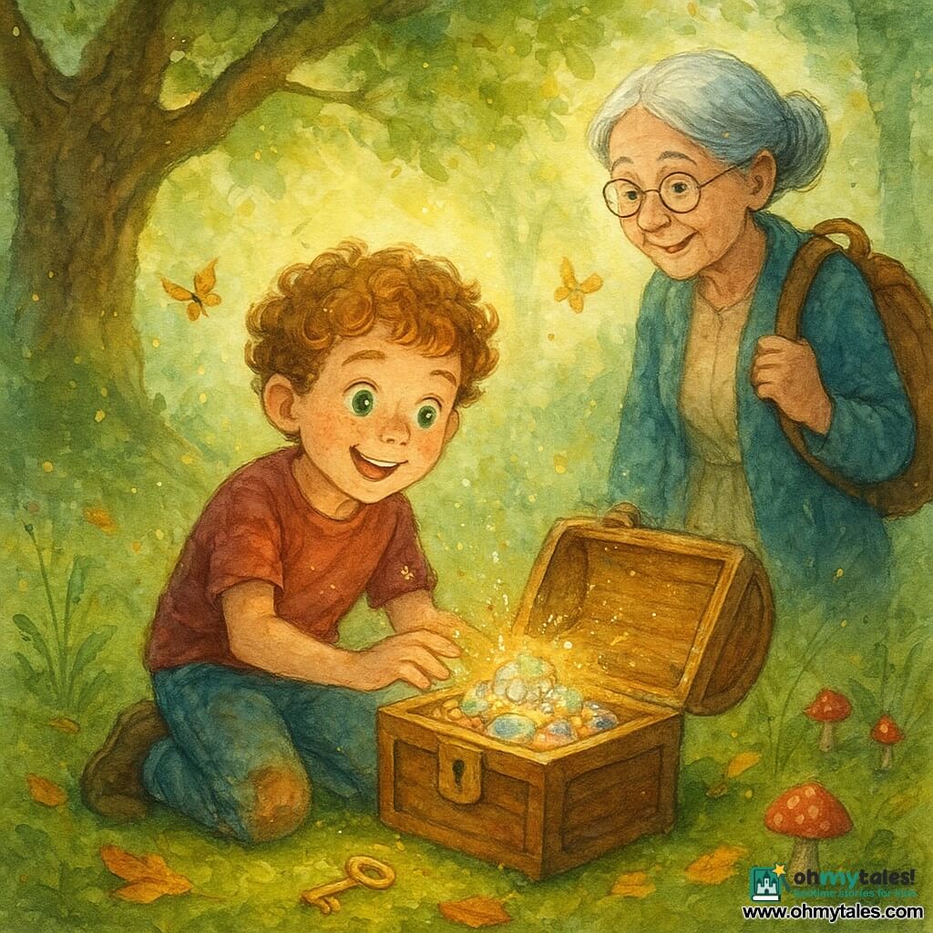 An 8-year-old boy with a round, freckled face, light chestnut curly hair and bright green eyes, smiling in wonder with dirty knees, kneeling before a slightly open small wooden chest and reaching to touch sparkling stones; an elderly grandmother of about 70 with gray hair in a bun, round glasses and a gentle smile stands slightly behind to the right with a hand on a backpack, watching tenderly; a forest clearing with green moss, golden leaves, small red mushrooms and sunbeams through the gnarled oak branches, a few butterflies and tall grasses; the moment of discovery with the chest at the tree base, its lock open and a golden key beside it, the stones casting colorful reflections on his face; soft luminous colors, wet watercolor textures and controlled splatters emphasizing golden dust and sparks around the stones.