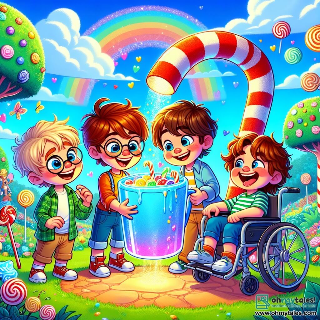 In a whimsical world, four boys gather around a large candy cane tree. Max, a 10-year-old with round glasses and messy brown hair, holds a colorful mug that sparkles. Next to him, Sam, an 11-year-old tall boy with blonde hair and a bright smile, is about to laugh while looking at the mug. Leo, a 9-year-old with curly hair and a cheeky face, makes a funny face, while Ollie, a 10-year-old in a wheelchair, bursts into laughter, his eyes sparkling with joy. The setting is a magical park filled with candy-trunked trees and flowers dancing to joyful music. The sky is bright blue, dotted with marshmallow-shaped clouds, and colorful bubbles float around, creating a fairy-tale atmosphere. The boys have just drunk from the magic mug and are about to discover a wonderful world where anything is possible, with rivers of laughter and trees sneezing glitter. They are ready to embark on an adventure full of surprises and laughter, surrounded by magic and vibrant colors.