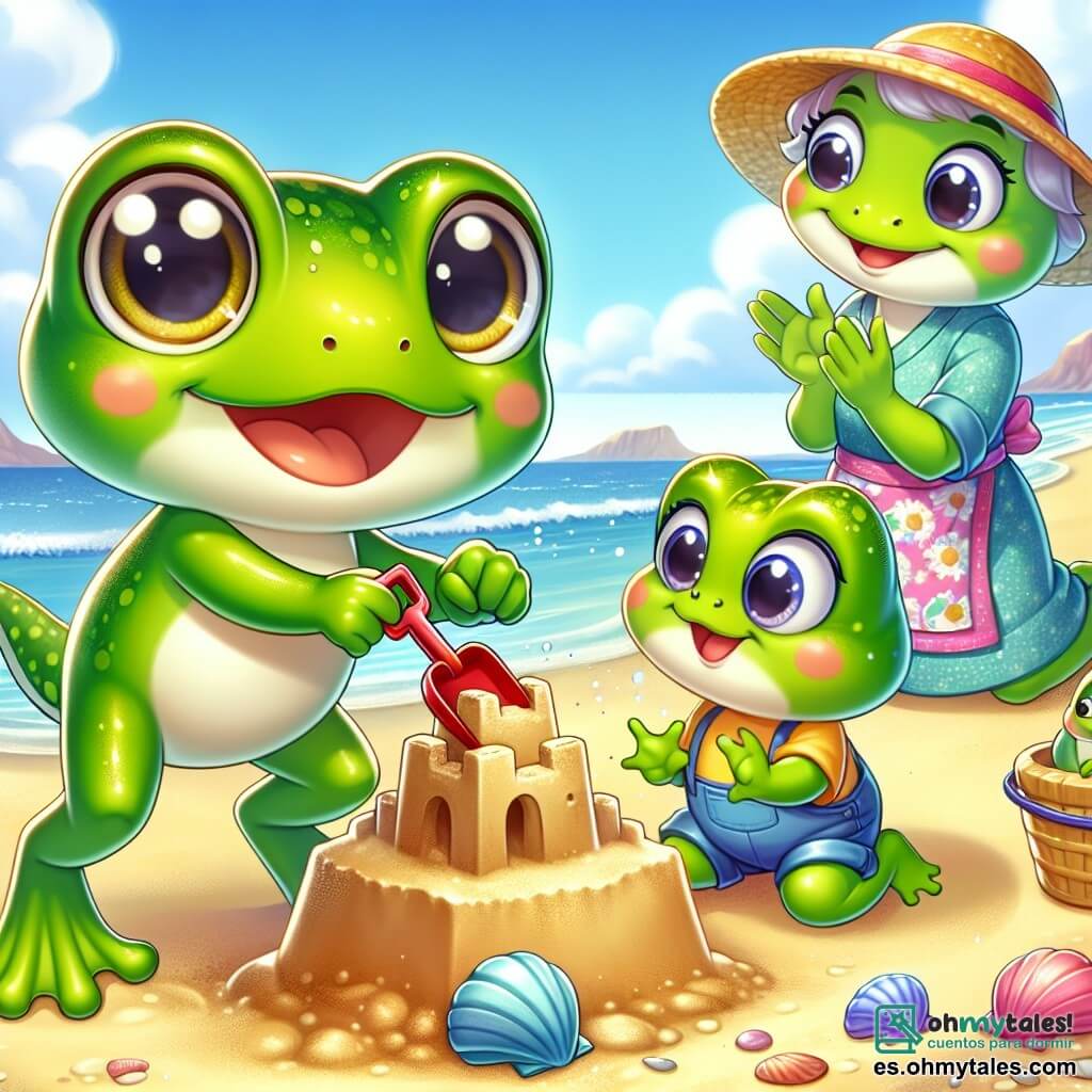 Un pequeño renacuajo llamado Reni, con piel verde brillante y grandes ojos redondos, salta de alegría en la playa, su sonrisa radiante muestra su emoción. Está construyendo un castillo de arena con una pequeña pala roja en sus patas. A su lado, su mamita, una rana graciosa con un vestido colorido y ojos dulces, aplaude con orgullo, su rostro irradia felicidad. Un poco más lejos, su papito, una rana robusta con un sombrero de paja, sonríe al ver a su hijo, con los brazos cruzados, lleno de orgullo y amor. El escenario es una playa soleada, con suaves olas rompiendo en la orilla, conchas esparcidas sobre la arena dorada y un cielo azul salpicado de algunas nubes blancas esponjosas. La situación principal muestra a Reni en plena acción, concentrado en la construcción de su castillo de arena, rodeado de su familia, todos disfrutando de un alegre y soleado día de verano en la playa.