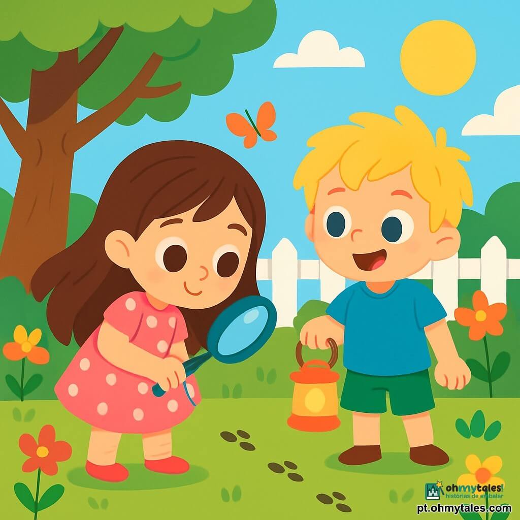 Há 2 personagens principais: - Luna: uma menina de 4 anos com longos cabelos castanhos e olhos brilhantes. Ela usa um vestido rosa com bolinhas brancas e segura uma lupa na mão direita, em pé na grama, observando atentamente as pequenas pegadas no chão. - Miguel: um menino de 4 anos com cabelos loiros bagunçados e olhos azuis. Ele usa uma camiseta azul e um short verde, segurando uma lanterna de brinquedo e está ao lado de Luna, com um sorriso curioso no rosto. O cenário é um jardim ensolarado, cheio de flores coloridas e grandes árvores com folhas verdes. O chão é coberto de grama macia e há borboletas voando ao redor das flores. Ao fundo, uma cerca de madeira pintada de branco delimita o jardim. A cena principal mostra Luna e Miguel, dois pequenos aventureiros, seguindo pegadas misteriosas no jardim, com os rostos iluminados pela emoção de descobrir um segredo escondido.