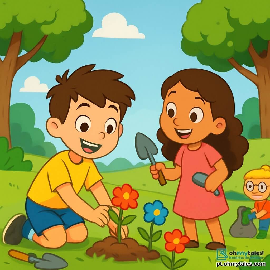 Um menino de 8 anos, Miguel, com cabelos castanhos bagunçados e um sorriso radiante, está plantando flores coloridas em um parque ensolarado. Ele usa uma camiseta amarela brilhante e um short azul, e seu olhar é cheio de entusiasmo e determinação. Ao seu lado, Ana, uma menina de 7 anos com cabelos longos e cacheados, vestida com um vestido rosa, o incentiva com um grande sorriso, segurando uma pequena pá. Um pouco mais adiante, Pedro, um menino de 8 anos com óculos redondos e cabelos loiros, recolhe lixo com luvas verdes, demonstrando seu compromisso com a natureza. O parque está cheio de verde, com grandes árvores de folhas luxuriantes, flores coloridas começando a florescer e um céu azul salpicado de nuvens brancas fofas. A cena transmite uma atmosfera alegre e dinâmica, ilustrando o espírito de equipe e o amor pelo meio ambiente. As crianças trabalham juntas, rindo e se ajudando, criando um lugar mais bonito e saudável para todos.