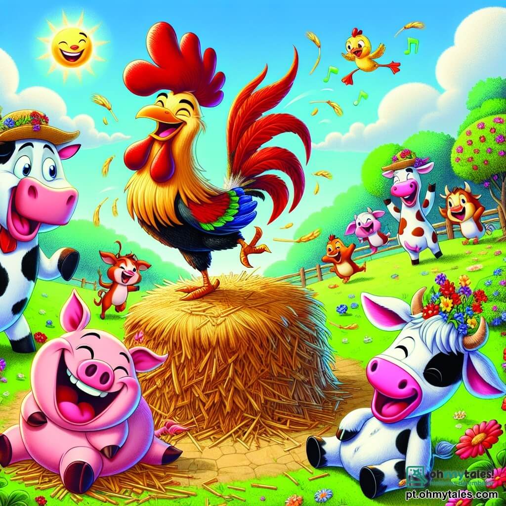 Um galo alegre chamado Gaspar, com penas vermelhas brilhantes e uma crista exuberante, dança em um pequeno monte de feno, exibindo um grande sorriso. Ao seu lado, uma vaca risonha, Matilde, com manchas brancas e pretas, usa flores coloridas nas orelhas e observa Gaspar com diversão. Um pequeno porquinho rosa, Tico, se revira na lama, rindo alto, enquanto um pato amarelo, Serafim, se equilibra em uma pata, segurando um pequeno guarda-chuva colorido. A cena ocorre na charmosa "Fazenda da Amizade", cercada por campos verdes e flores vibrantes, sob um céu azul com nuvens fofas. No centro da ilustração, Gaspar anuncia com entusiasmo o início da "Primeira Olimpíada da Bagunça", rodeado de animais prontos para se divertir, criando uma atmosfera festiva e de camaradagem.