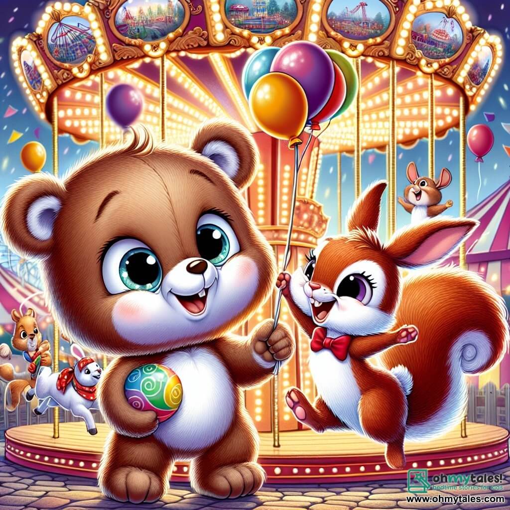 An illustration depicts a small teddy bear with brown fur and sparkling curious eyes, smiling enthusiastically while holding a colorful balloon in one paw, standing in front of a large spinning carousel surrounded by twinkling lights. Next to it, a little red squirrel with a bushy tail jumps for joy, its bright eyes filled with excitement as it reaches out towards the carousel, eager to ride. A white rabbit with big ears and a small red bow tie stands just behind them, laughing and waving its paws in the air, full of energy and cheer. The main setting is a vibrant carnival filled with colorful stalls, string lights, and floating balloons, where children and animals enjoy themselves in a festive atmosphere, with the scents of popcorn and cotton candy in the air. The scene shows the three friends ready to ride the carousel, their faces lit up with joy and excitement, surrounded by other children having fun and laughing. In the background, twinkling lights, festive decorations, and various animals enjoy the attractions, creating a joyful and magical ambiance filled with bright colors and smiles.