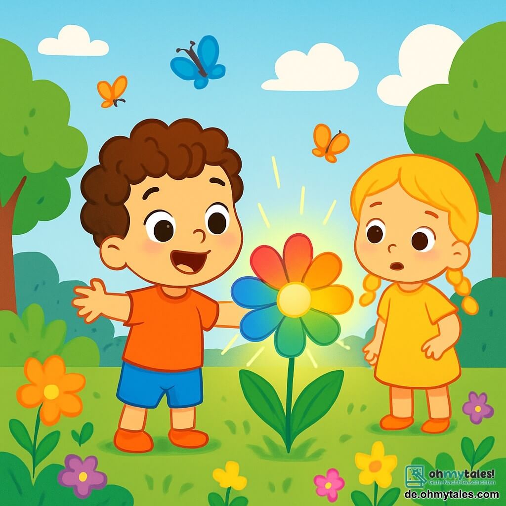 Ein kleiner Junge von 2 Jahren, namens Leo, mit lockigen Haaren und neugierigen Augen, steht vor einer wunderschönen, bunten Blume, die wie ein Regenbogen leuchtet. Er hat ein großes, erstauntes Lächeln auf dem Gesicht, die Arme weit geöffnet, als wollte er die Schönheit der Blume umarmen. Neben ihm steht ein 3-jähriges Mädchen mit goldenen Zöpfen und einem gelben Kleid, das die Szene mit weit aufgerissenen Augen beobachtet, fasziniert von der Magie der Blume. Sie steht ein wenig im Hintergrund, die Hände auf den Hüften, bereit, näher zu kommen. Der Ort ist ein üppiger Garten, gefüllt mit leuchtenden Blumen, großen grünen Bäumen und einem klaren blauen Himmel, der mit flauschigen weißen Wolken bedeckt ist. Bunte Schmetterlinge tanzen um sie herum und bereichern die Schönheit der Landschaft. Die Hauptsituation zeigt Leo, der mit der leuchtenden Blume spricht und aufmerksam ihren verzauberten Worten lauscht, während das kleine Mädchen ihn fasziniert beobachtet und diesen magischen Moment der Entdeckung und Freude teilt.