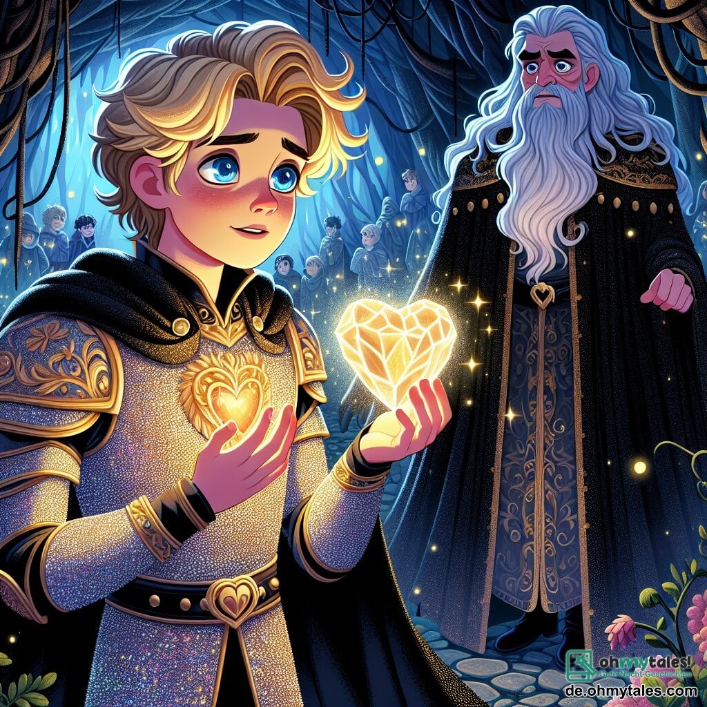 Der Prinz Leo, ein etwa 12-jähriger Junge, hat goldene Haare, die wie die Sonne glänzen, und leuchtend blaue Augen, die vor Aufregung sprühen. Er trägt eine schimmernde Rüstung, die mit floralen Mustern verziert ist, und hält fest ein wunderschönes Kristallherz, das sanftes Licht ausstrahlt. Sein Gesicht drückt sowohl Mut als auch Entschlossenheit aus, während er vor der dunklen Höhle des Zauberers steht. An seiner Seite steht Malakar, der Zauberer, ein etwa 40-jähriger Mann mit einem langen schwarzen Bart und durchdringenden Augen. Er trägt einen schwebenden schwarzen Umhang, aber sein Gesicht zeigt Anzeichen von Bedauern und Wandel. Er blickt Leo bewundernd an, bereit sich zu verändern. Die Szene spielt am Eingang einer geheimnisvollen Höhle, umgeben von verdrehten Bäumen und dunklen Lianen. Lichtstrahlen emanieren aus Leos Herz und erhellen die bedrohlichen Schatten um sie herum. Die Hauptsituation zeigt Leo, den mutigen Prinzen, der den Zauberer Malakar herausfordert, bereit die Magie des Herzens zu nutzen, um Licht und Hoffnung in eine von Angst verdunkelte Welt zu bringen.