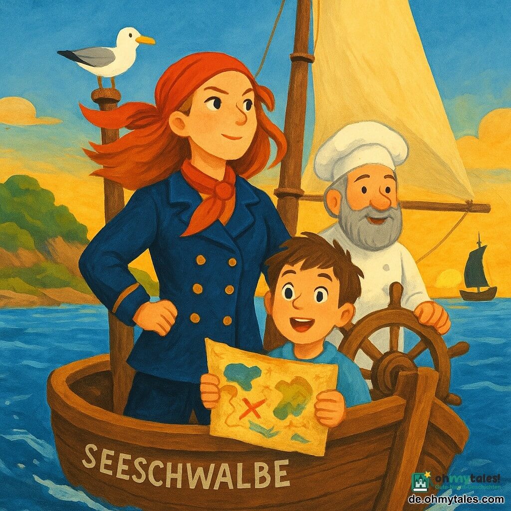 Eine Frau, Kapitänin Mira, steht stolz am Bug eines Schiffes mit entschlossenem Blick und vom Wind verwehten roten Haaren. Sie trägt ein rotes Halstuch und eine blaue Kapitänsjacke mit goldenen Knöpfen. Neben ihr hält ein 10-jähriger Junge, Mitglied der Besatzung, eine alte bunte Karte und schaut mit staunenden Augen darauf. Ein alter Koch mit grauen Haaren und buschigem Bart steht lächelnd am Steuer. Eine freche Möwe sitzt neugierig auf dem Mast. Das Schiff, die Seeschwalbe, segelt auf einem tiefblauen Meer, umgeben von kleinen grünen Inseln. In der Ferne zeichnet sich ein weiteres imposantes Schiff mit schwarzem Segel am Horizont ab. Die Szene fängt den Moment ein, in dem Mira und ihre Besatzung die Flüsterbucht entdecken, eine geheime Bucht mit kristallklarem Wasser, im goldenen Licht der untergehenden Sonne gebadet.