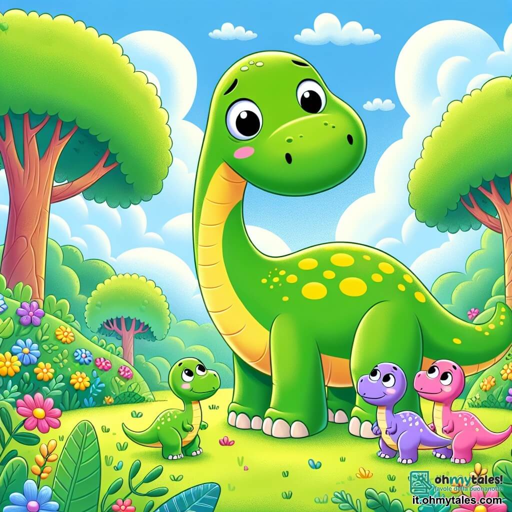 Un gigantesco diplodoco, chiamato Dino, con un lungo collo verde e macchie gialle, guarda con occhi rotondi e preoccupati, in piedi su una collina verdeggiante. Accanto a lui, tre piccoli diplodochi dai colori pastello, con sorrisi curiosi, si stringono insieme, osservando il loro grande fratello. Il paesaggio è pieno di alberi giganti con foglie lussureggianti e fiori dai colori vivaci, sotto un cielo blu chiaro punteggiato di nuvole soffici. Dino, preoccupato, sente un ruggito lontano e si prepara a proteggere la sua famiglia, mentre i piccoli diplodochi rimangono vicino a lui, affascinati e un po' spaventati.