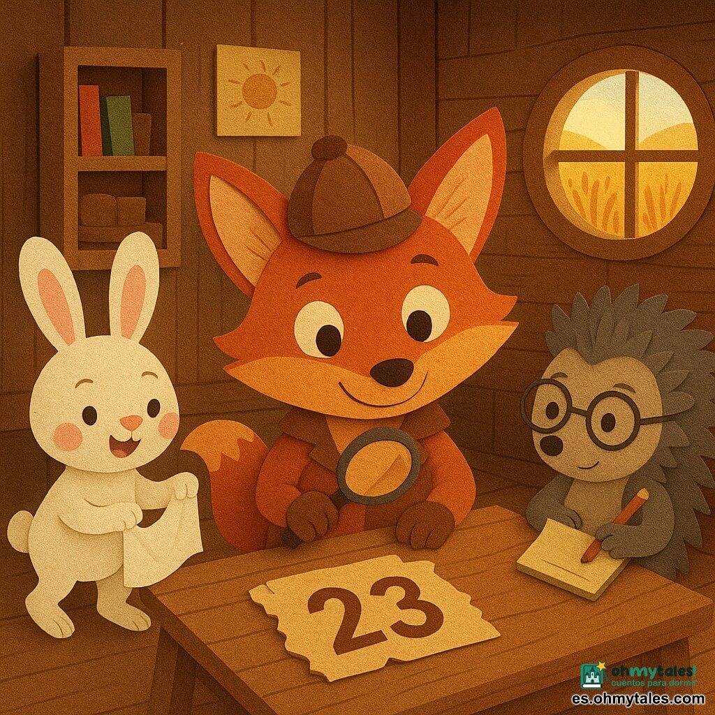 El personaje principal es un pequeño zorro detective de papel, de pelaje rojizo y rostro curioso, en el centro sosteniendo una lupa redonda y ensamblando cuidadosamente un ticket rasgado número 23 sobre una mesa de madera; a la izquierda la conejita Lila, una pequeña liebre blanca de mejillas rosadas, ofrece una servilleta de papel como ayuda; a la derecha el erizo Bruno, gris con gafas redondas de papel, sostiene un bloc de notas y un lápiz recortado, inclinado hacia el ticket; en el fondo la ratoncita Sira, beige y tímida, sostiene una bolsita de tela con migas; el interior es un viejo molino de madera con luz dorada filtrando entre tablones, paredes decoradas con dibujos infantiles y una ventana redonda que muestra un campo de trigo; escena colaborativa y tierna en estilo papel recortado, con sombras suaves, colores cálidos (ocre, rojo, verde tierno) y texturas de cartón superpuestas.