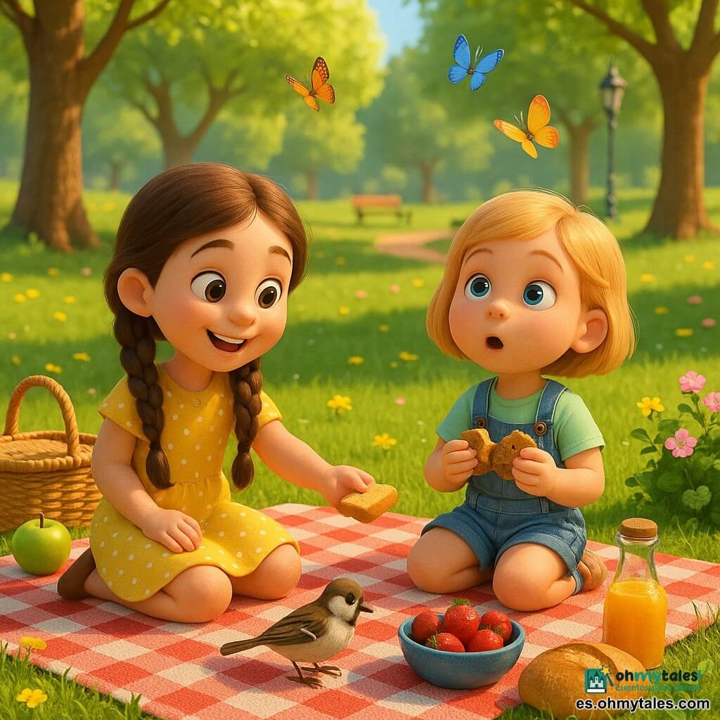 Dos niñas: una de unos 6 años, pelo castaño largo en dos trenzas, vestido amarillo con lunares blancos, sonriente, sentada a la izquierda sobre una manta a cuadros roja y blanca, ofrece un trozo de pan a un pequeño gorrión; otra de unos 5 años, pelo rubio corto con una pinza azul, camiseta verde clara y peto vaquero, sentada a la derecha con una galleta partida y mirada maravillada, observando mariposas. Entorno: parque primaveral luminoso con césped verde, árboles de troncos marrones y hojas verdes claras, flores amarillas y rosas, sendero claro al fondo, algunos nubecillas en cielo azul; la manta está junto a un arbusto florido y se distingue un banco de madera y una farola antigua a lo lejos. Situación: picnic compartido, risas suaves, el gorrión picotea en la manta y mariposas coloridas vuelan alrededor, ambiente cálido con luz solar primaveral y sombras suaves.