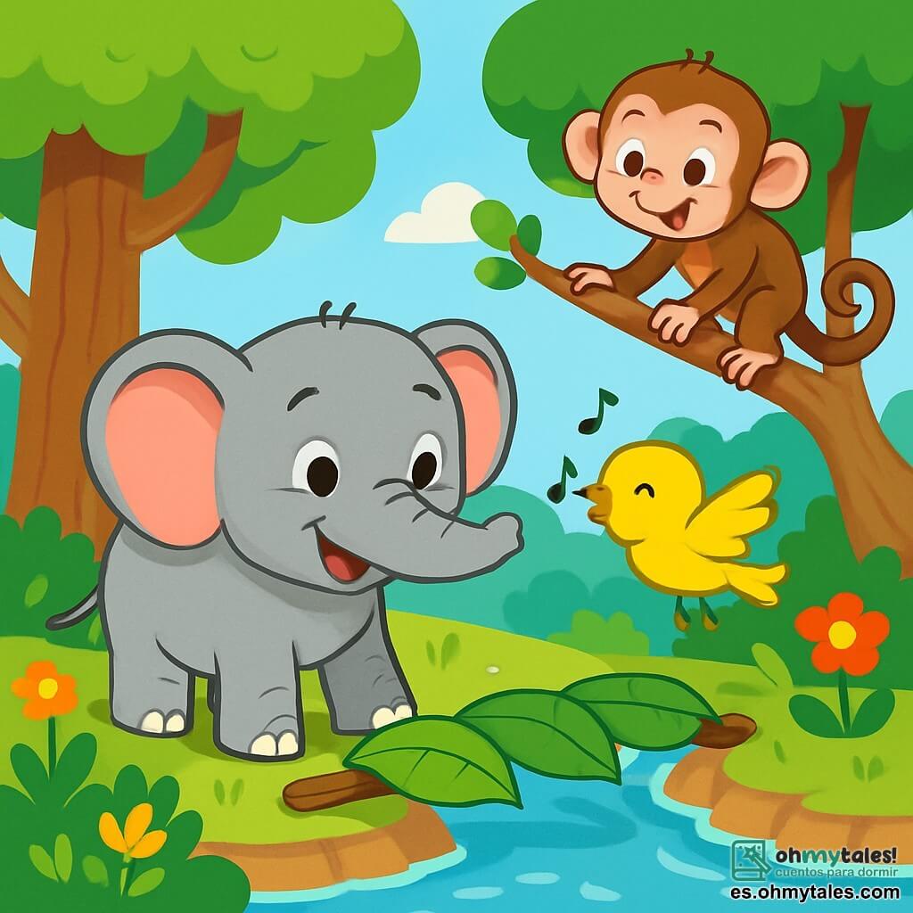 Un elefante feliz, llamado Tico, se encuentra en la orilla de un arroyo brillante, con grandes orejas rosas y una trompa curiosa, mostrando una amplia sonrisa y ojos chispeantes de emoción. A su lado, un pequeño pajarito amarillo, con plumas brillantes, vuela a su alrededor, cantando alegremente, mientras que un mono travieso, con pelaje marrón y ojos pícaros, trepa a una rama justo encima de ellos, listo para ayudar. El escenario es un hermoso bosque verde, lleno de árboles majestuosos con troncos gruesos y flores coloridas que bailan al viento. Tico observa con determinación el puente de hojas que están construyendo juntos para cruzar el arroyo, simbolizando la amistad y la cooperación.